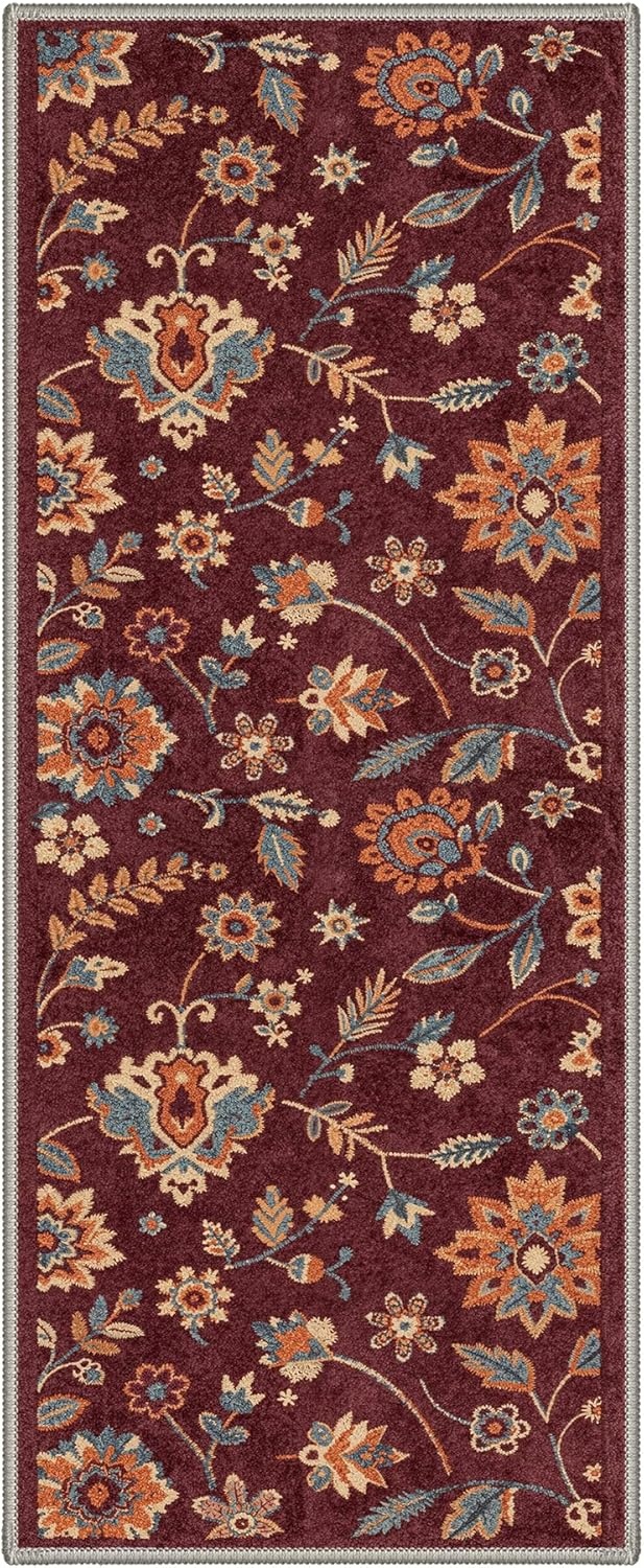 image:imageGENIMO 5X7 Area Rugs for Living Room Machine Washable Modern Botanical Non Slip Low Pile Soft Rugs Vintage Floral Carpet for Bedroom Dining Room Home Office Warm BeigeDeep Burgundy