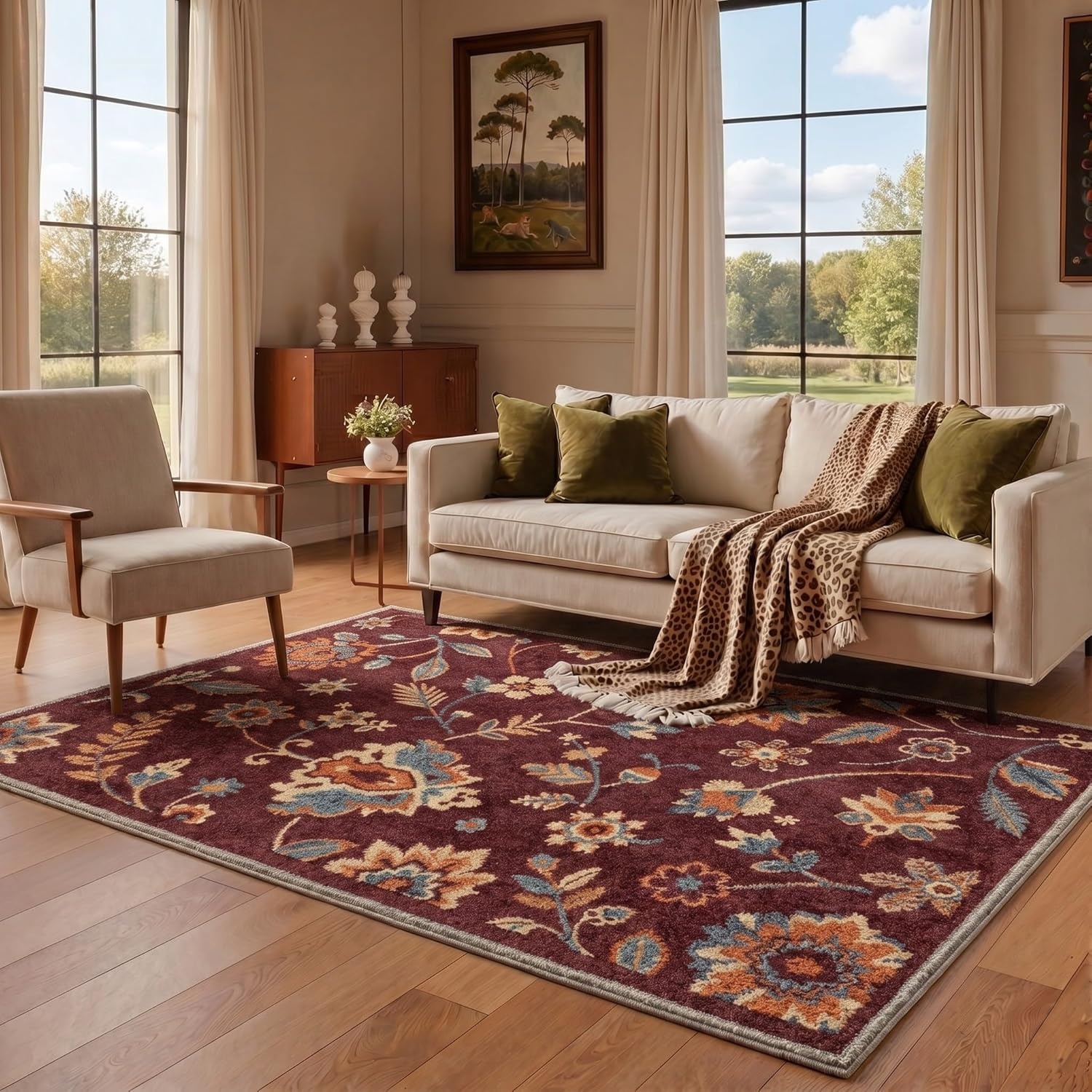 image:imageGENIMO 5X7 Area Rugs for Living Room Machine Washable Modern Botanical Non Slip Low Pile Soft Rugs Vintage Floral Carpet for Bedroom Dining Room Home Office Warm BeigeDeep Burgundy