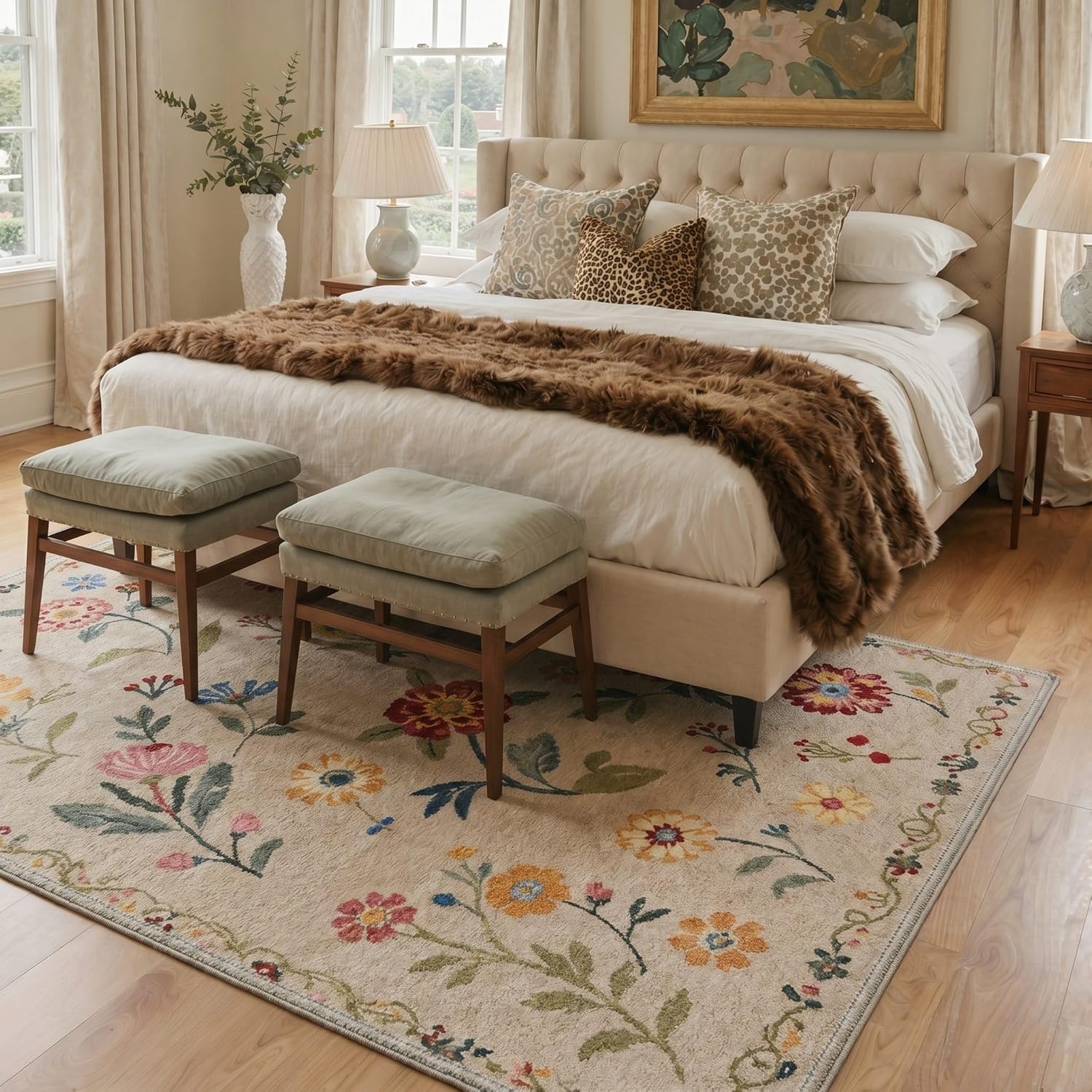 image:imageGENIMO 5X7 Area Rugs for Living Room Machine Washable Modern Botanical Non Slip Low Pile Soft Rugs Vintage Floral Carpet for Bedroom Dining Room Home Office Warm BeigeWarm Beige1