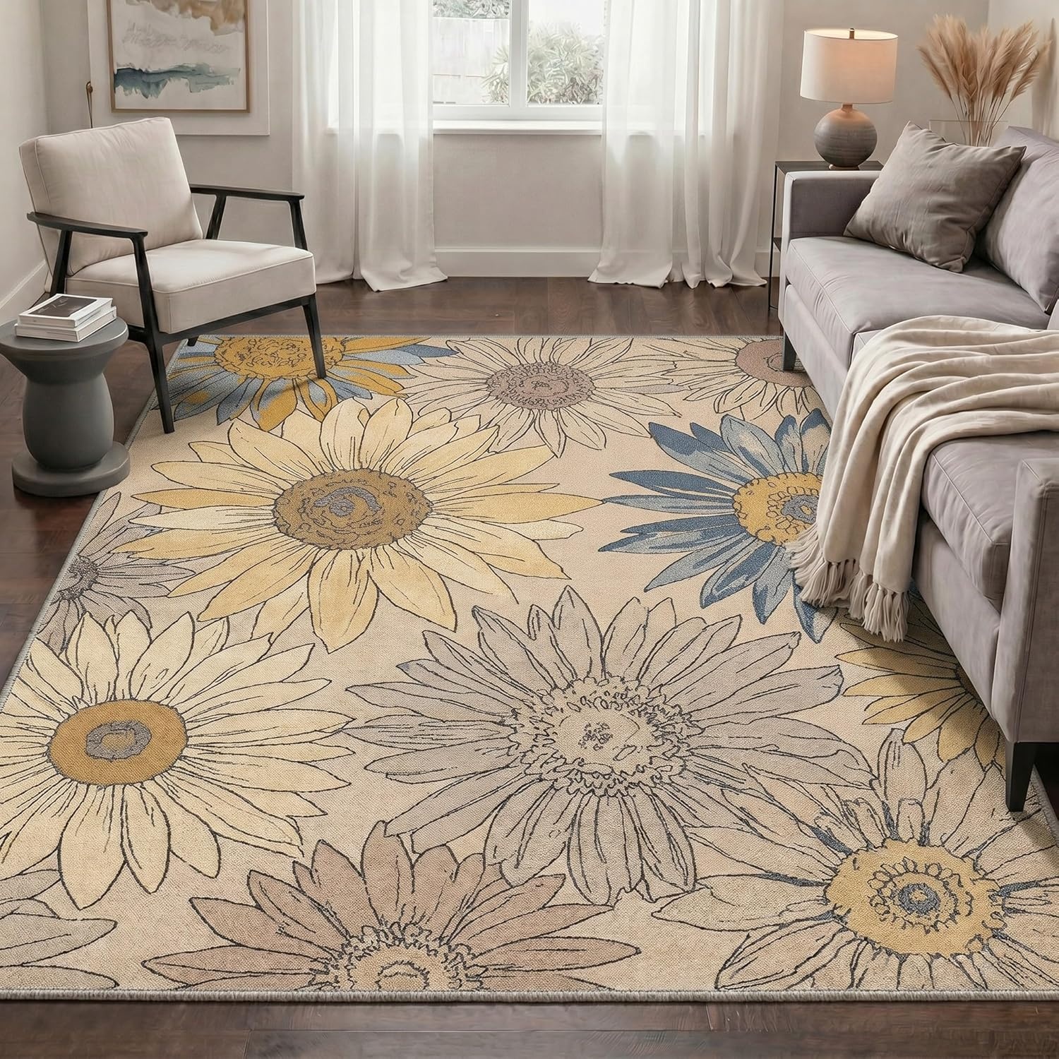 image:imageGENIMO 5X7 Area Rugs for Living Room Machine Washable Modern Botanical Non Slip Low Pile Soft Rugs Vintage Floral Carpet for Bedroom Dining Room Home Office Warm BeigeWarm Beige2