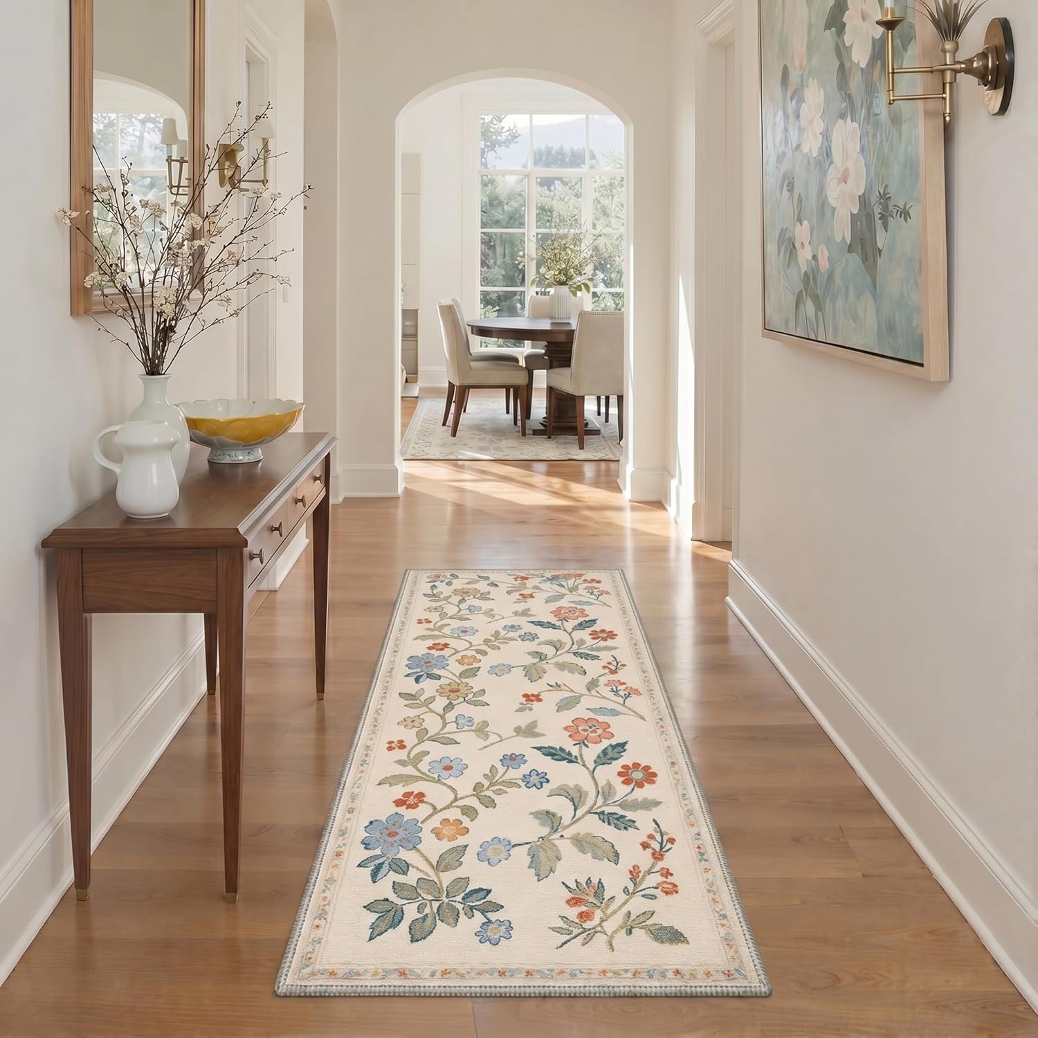image:imageGENIMO 5X7 Area Rugs for Living Room Machine Washable Modern Botanical Non Slip Low Pile Soft Rugs Vintage Floral Carpet for Bedroom Dining Room Home Office Warm BeigeCreamy Beige