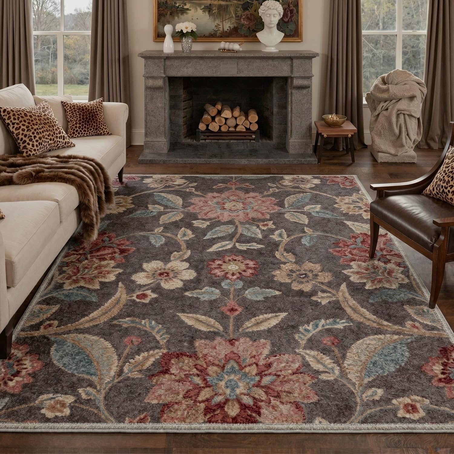 image:imageGENIMO 5X7 Area Rugs for Living Room Machine Washable Modern Botanical Non Slip Low Pile Soft Rugs Vintage Floral Carpet for Bedroom Dining Room Home Office Warm BeigeDusty Taupe