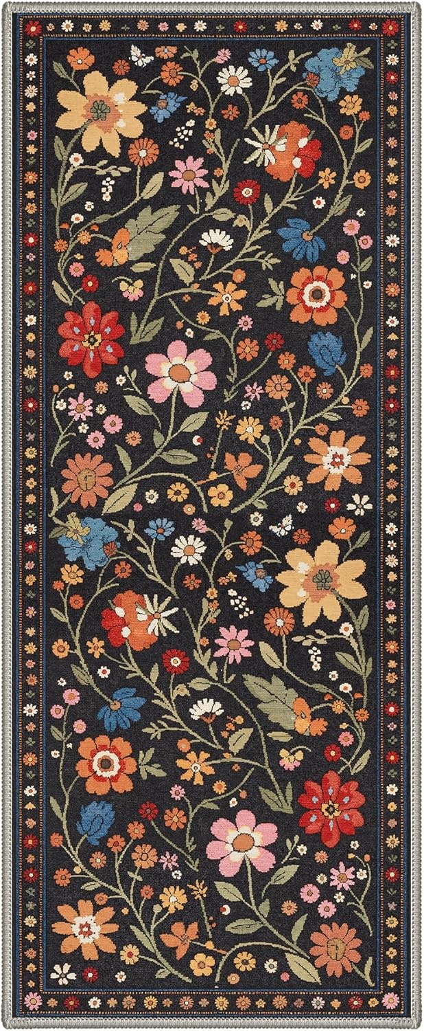 image:imageGENIMO 5X7 Area Rugs for Living Room Machine Washable Modern Botanical Non Slip Low Pile Soft Rugs Vintage Floral Carpet for Bedroom Dining Room Home Office Warm BeigeBlack