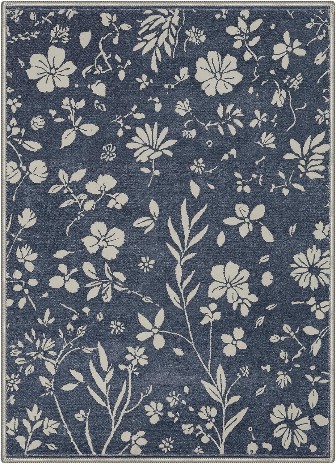 image:imageGENIMO 5X7 Area Rugs for Living Room Machine Washable Modern Botanical Non Slip Low Pile Soft Rugs Vintage Floral Carpet for Bedroom Dining Room Home Office Warm BeigeMuted Navy