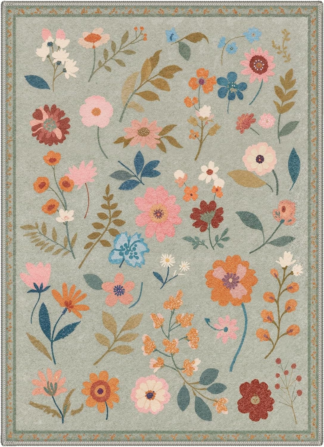 image:imageGENIMO 5X7 Area Rugs for Living Room Machine Washable Modern Botanical Non Slip Low Pile Soft Rugs Vintage Floral Carpet for Bedroom Dining Room Home Office Warm BeigeMuted Sage