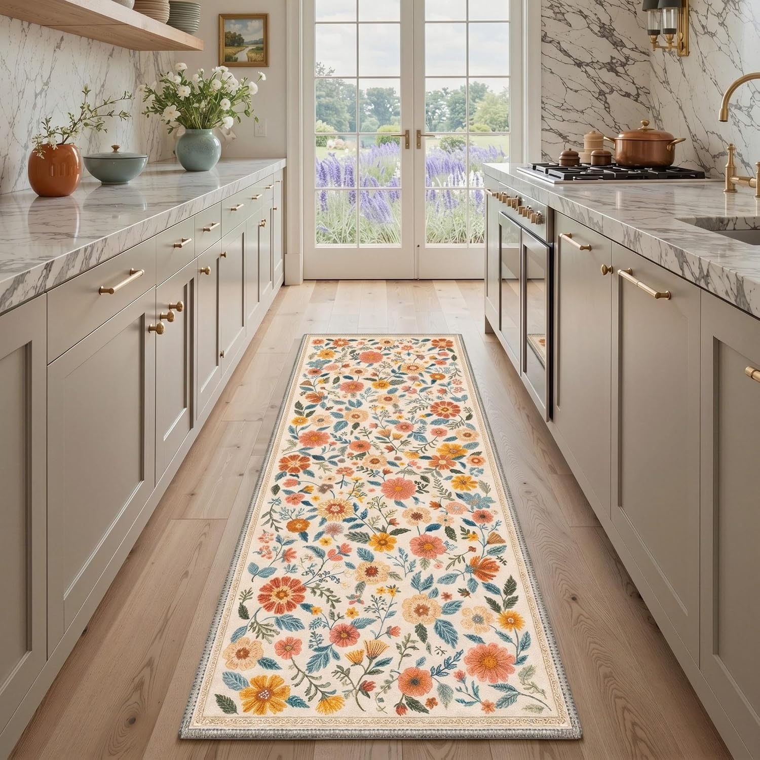 image:imageGENIMO 5X7 Area Rugs for Living Room Machine Washable Modern Botanical Non Slip Low Pile Soft Rugs Vintage Floral Carpet for Bedroom Dining Room Home Office Warm BeigeDusty Terracotta