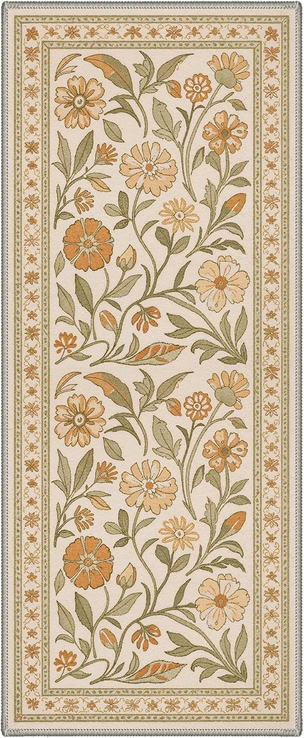 image:imageGENIMO 5X7 Area Rugs for Living Room Machine Washable Modern Botanical Non Slip Low Pile Soft Rugs Vintage Floral Carpet for Bedroom Dining Room Home Office Warm BeigeDusty Ochre