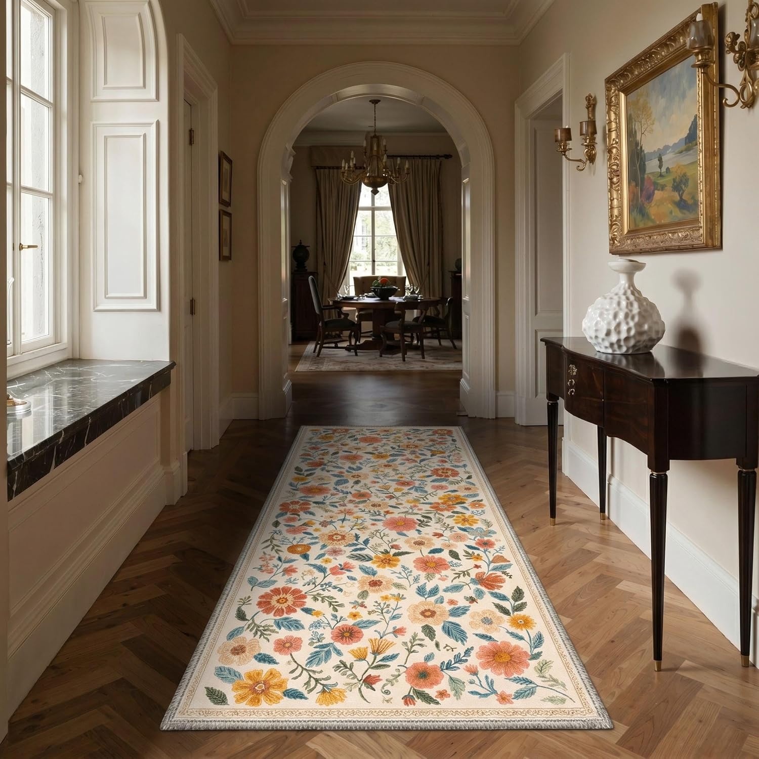 image:imageGENIMO 5X7 Area Rugs for Living Room Machine Washable Modern Botanical Non Slip Low Pile Soft Rugs Vintage Floral Carpet for Bedroom Dining Room Home Office Warm BeigeDusty Terracotta