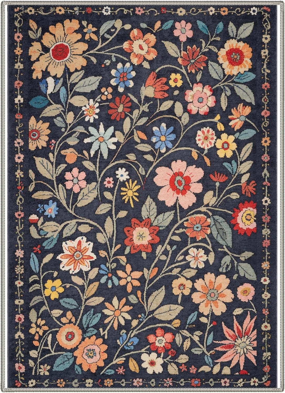 image:imageGENIMO 5X7 Area Rugs for Living Room Machine Washable Modern Botanical Non Slip Low Pile Soft Rugs Vintage Floral Carpet for Bedroom Dining Room Home Office Warm BeigeDusty Navy