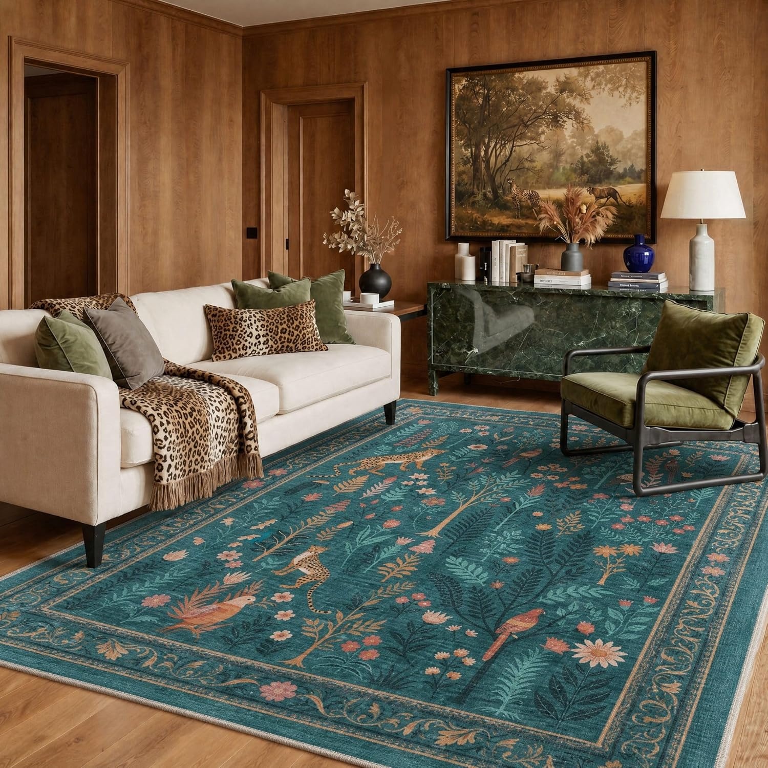 image:imageGENIMO 5X7 Area Rugs for Living Room Machine Washable Modern Botanical Non Slip Low Pile Soft Rugs Vintage Floral Carpet for Bedroom Dining Room Home Office Warm BeigeDusty Teal