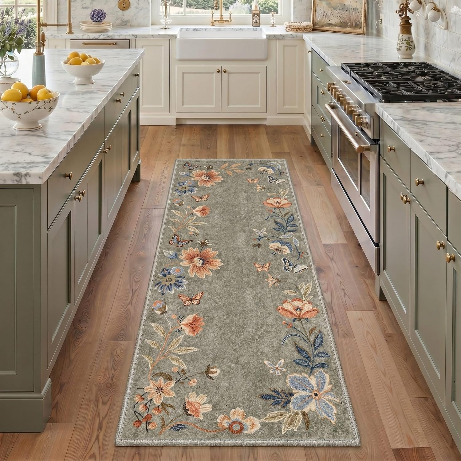 image:imageGENIMO 5X7 Area Rugs for Living Room Machine Washable Modern Botanical Non Slip Low Pile Soft Rugs Vintage Floral Carpet for Bedroom Dining Room Home Office Warm BeigeDusty Sage