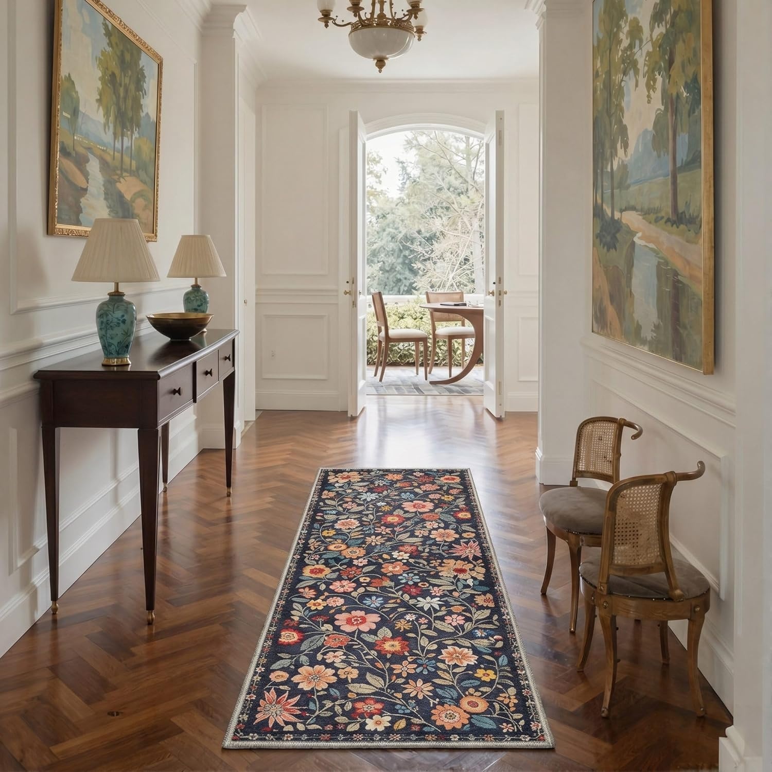 image:imageGENIMO 5X7 Area Rugs for Living Room Machine Washable Modern Botanical Non Slip Low Pile Soft Rugs Vintage Floral Carpet for Bedroom Dining Room Home Office Warm BeigeDusty Navy