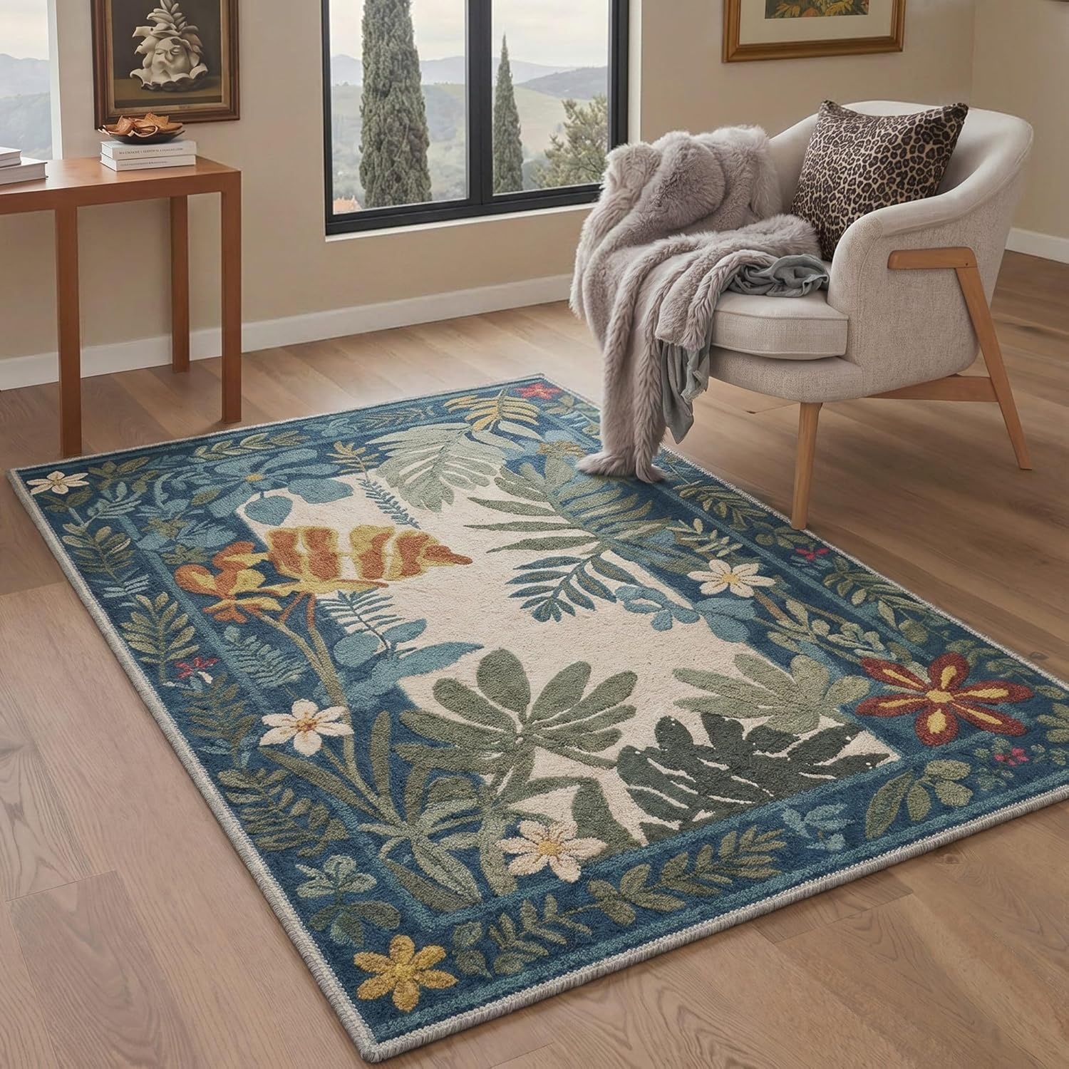 image:imageGENIMO 5X7 Area Rugs for Living Room Machine Washable Modern Botanical Non Slip Low Pile Soft Rugs Vintage Floral Carpet for Bedroom Dining Room Home Office Warm BeigeDusty Teal1