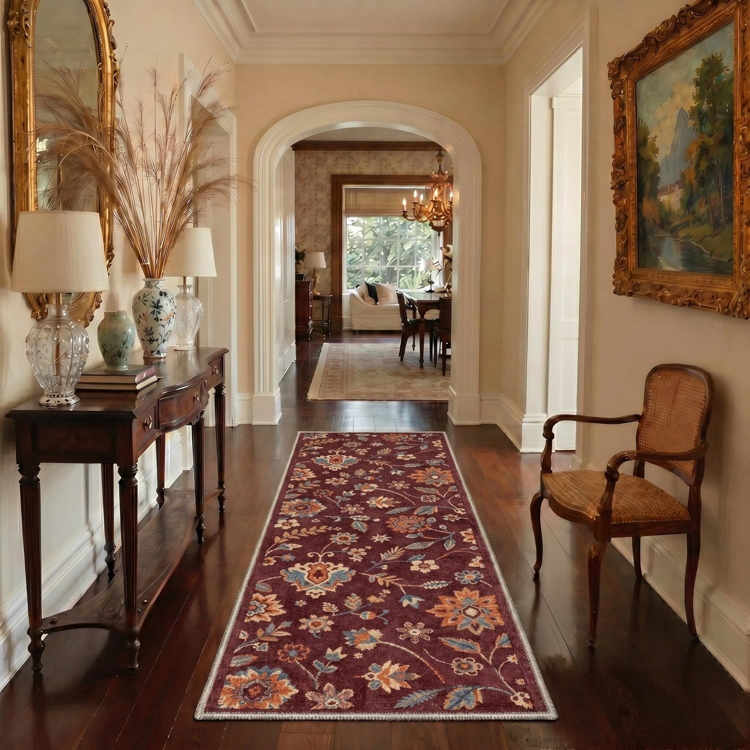 image:imageGENIMO 5X7 Area Rugs for Living Room Machine Washable Modern Botanical Non Slip Low Pile Soft Rugs Vintage Floral Carpet for Bedroom Dining Room Home Office Warm BeigeDeep Burgundy