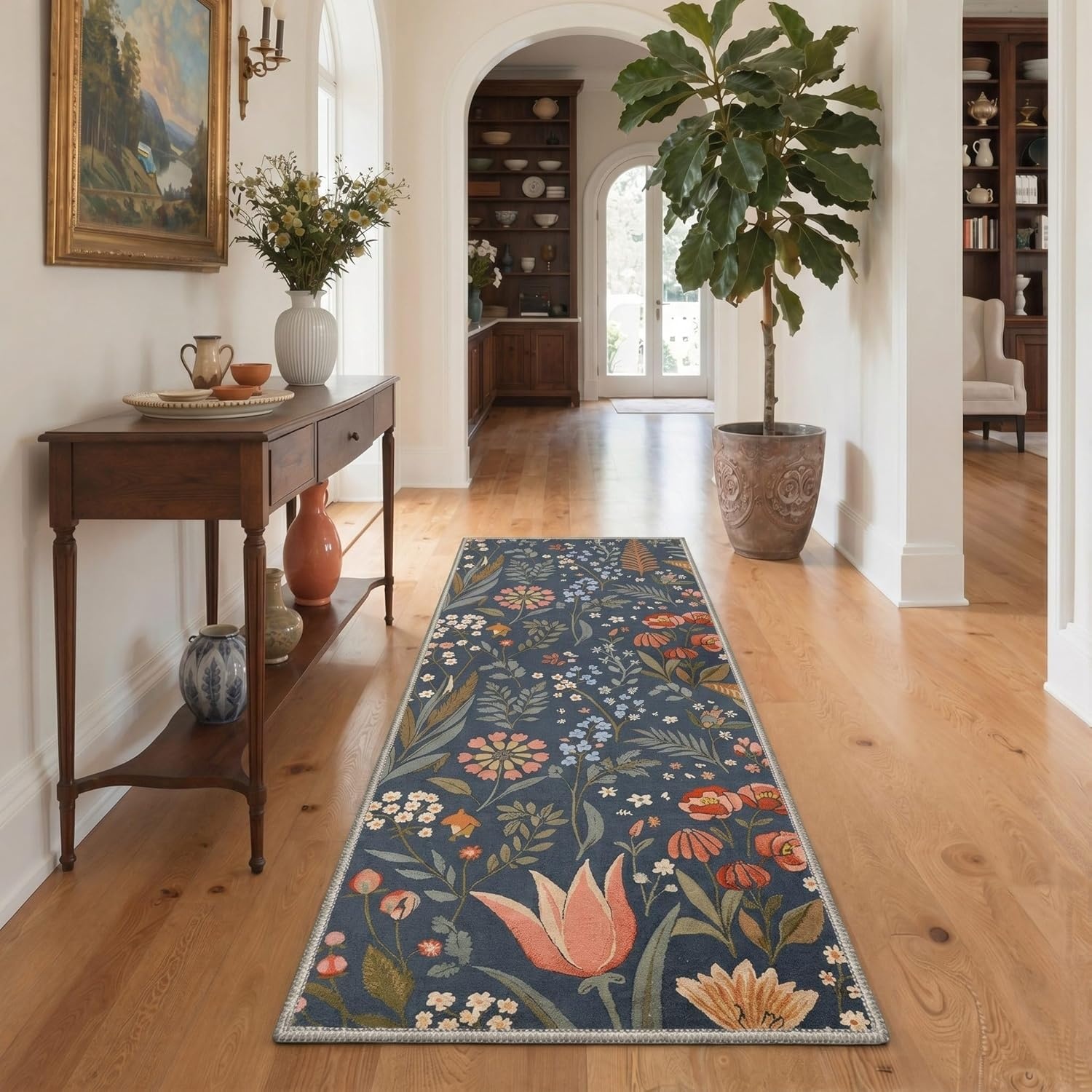 image:imageGENIMO 5X7 Area Rugs for Living Room Machine Washable Modern Botanical Non Slip Low Pile Soft Rugs Vintage Floral Carpet for Bedroom Dining Room Home Office Warm BeigeDusty Blue1