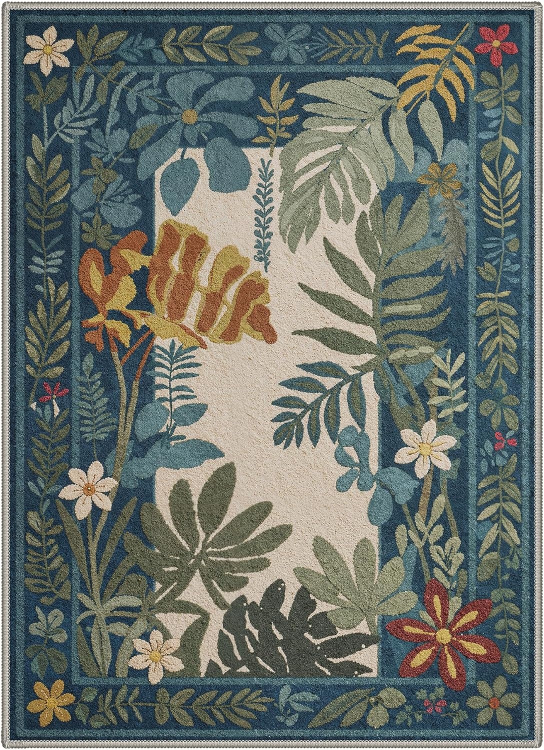 image:imageGENIMO 5X7 Area Rugs for Living Room Machine Washable Modern Botanical Non Slip Low Pile Soft Rugs Vintage Floral Carpet for Bedroom Dining Room Home Office Warm BeigeDusty Teal1