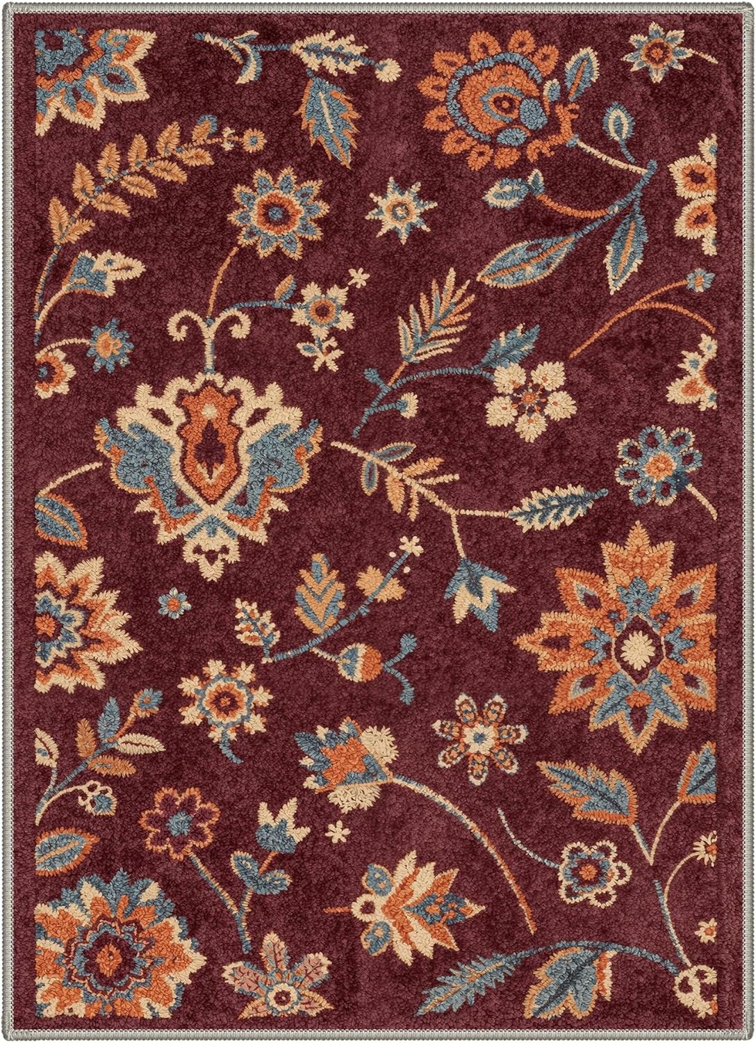 image:imageGENIMO 5X7 Area Rugs for Living Room Machine Washable Modern Botanical Non Slip Low Pile Soft Rugs Vintage Floral Carpet for Bedroom Dining Room Home Office Warm BeigeDeep Burgundy