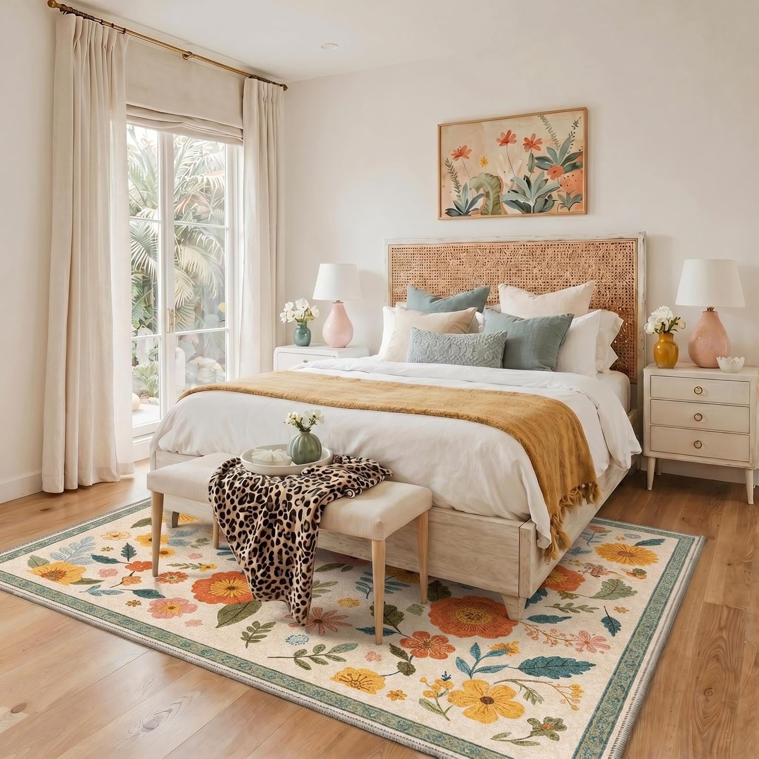 image:imageGENIMO 5X7 Area Rugs for Living Room Machine Washable Modern Botanical Non Slip Low Pile Soft Rugs Vintage Floral Carpet for Bedroom Dining Room Home Office Warm BeigeWarm Beige3