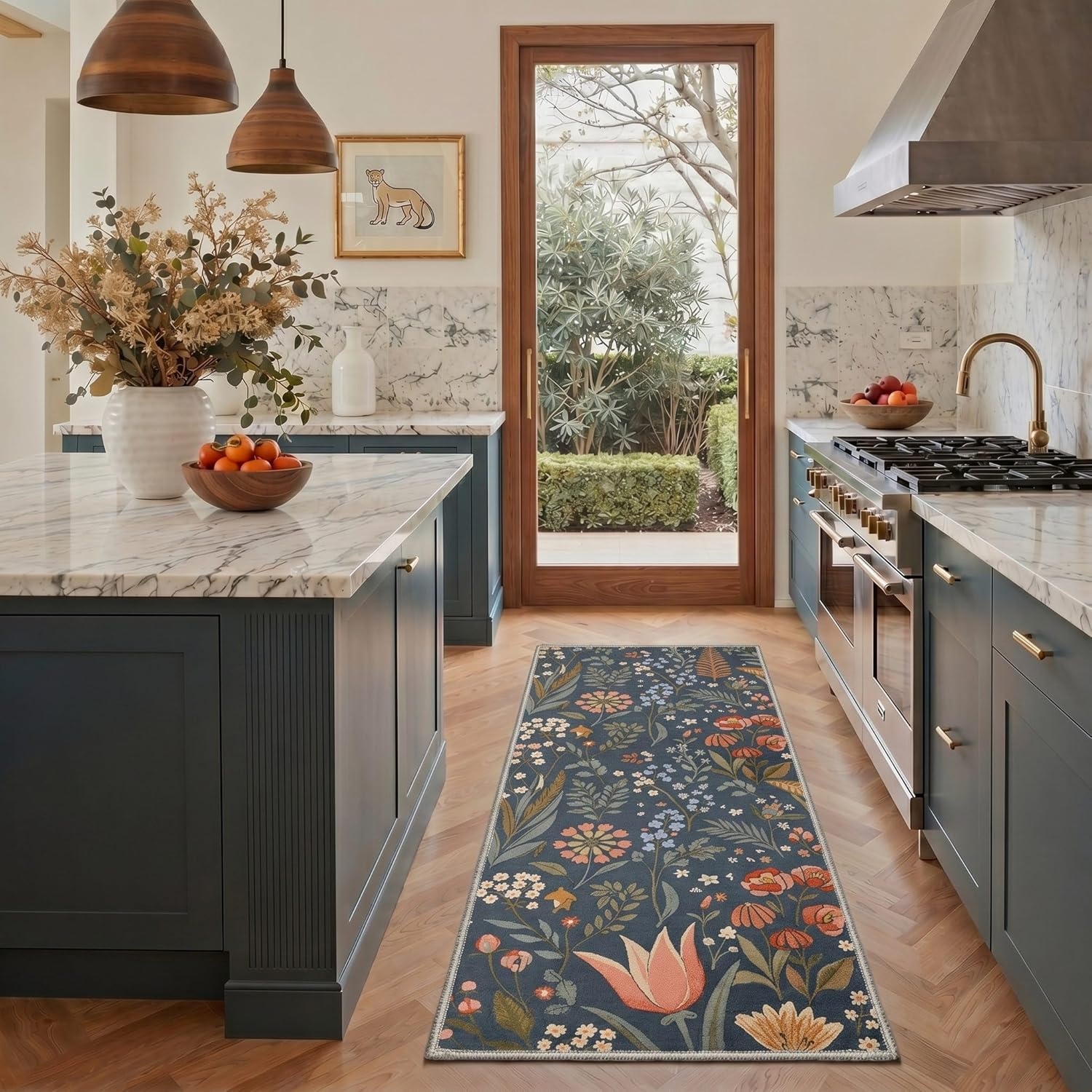 image:imageGENIMO 5X7 Area Rugs for Living Room Machine Washable Modern Botanical Non Slip Low Pile Soft Rugs Vintage Floral Carpet for Bedroom Dining Room Home Office Warm BeigeDusty Blue1