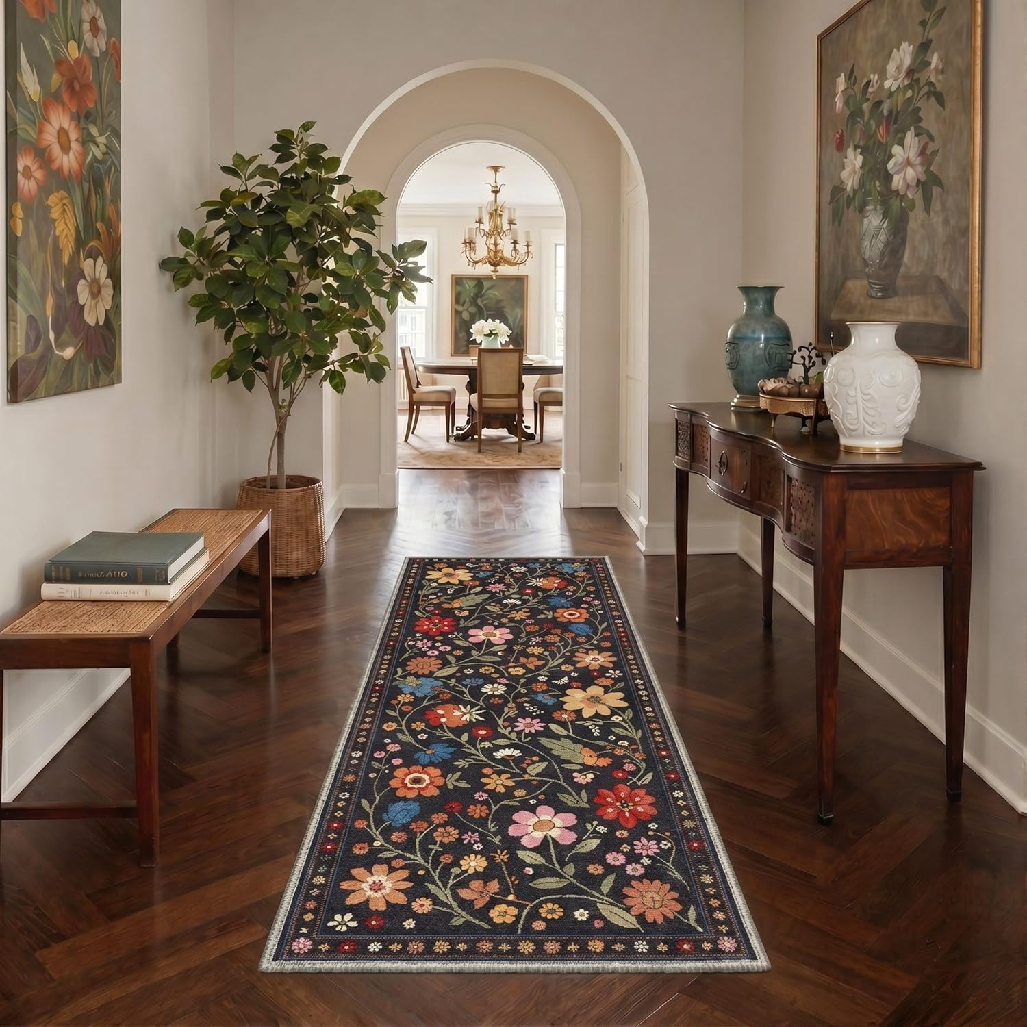 image:imageGENIMO 5X7 Area Rugs for Living Room Machine Washable Modern Botanical Non Slip Low Pile Soft Rugs Vintage Floral Carpet for Bedroom Dining Room Home Office Warm BeigeBlack