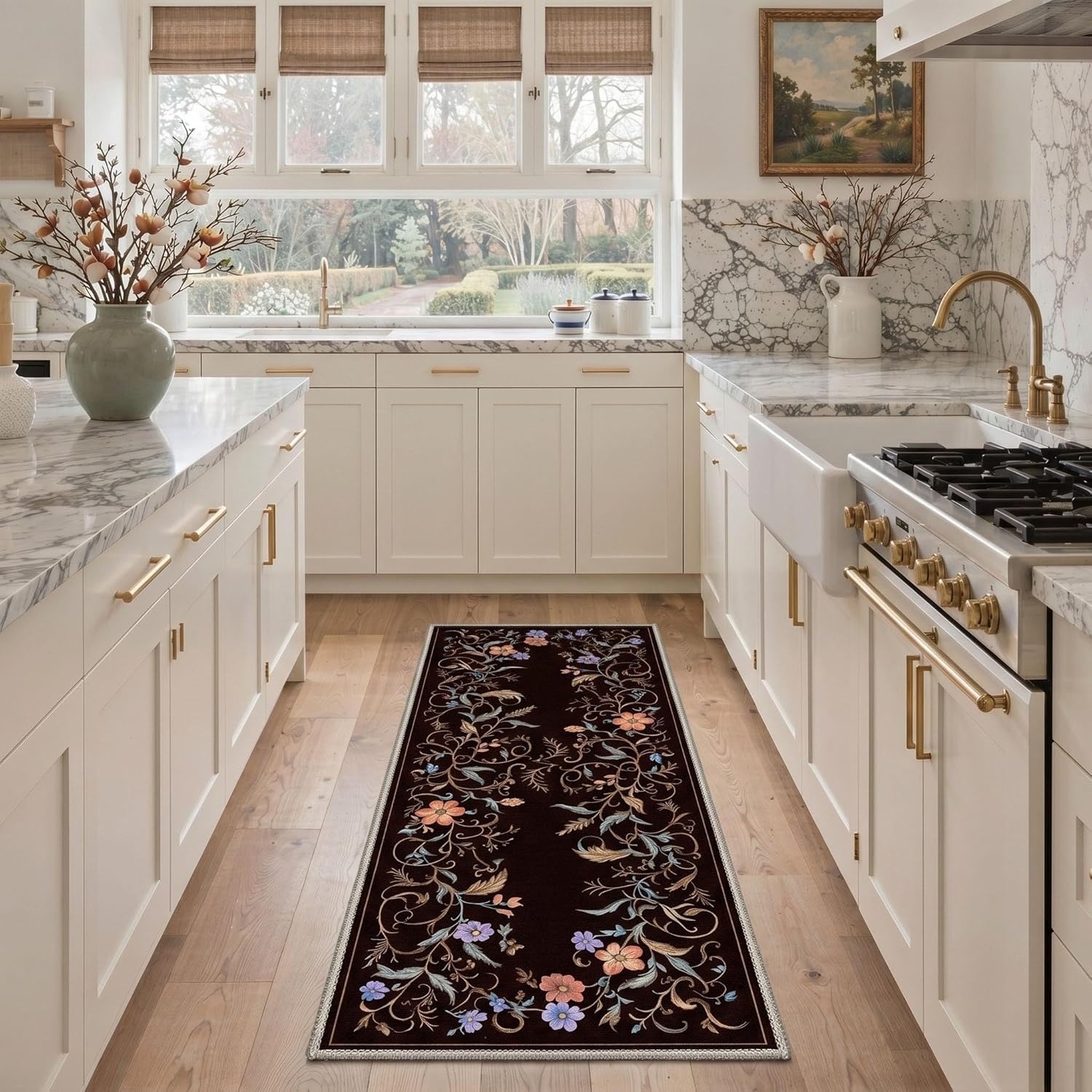 image:imageGENIMO 5X7 Area Rugs for Living Room Machine Washable Modern Botanical Non Slip Low Pile Soft Rugs Vintage Floral Carpet for Bedroom Dining Room Home Office Warm BeigeDeep Brown