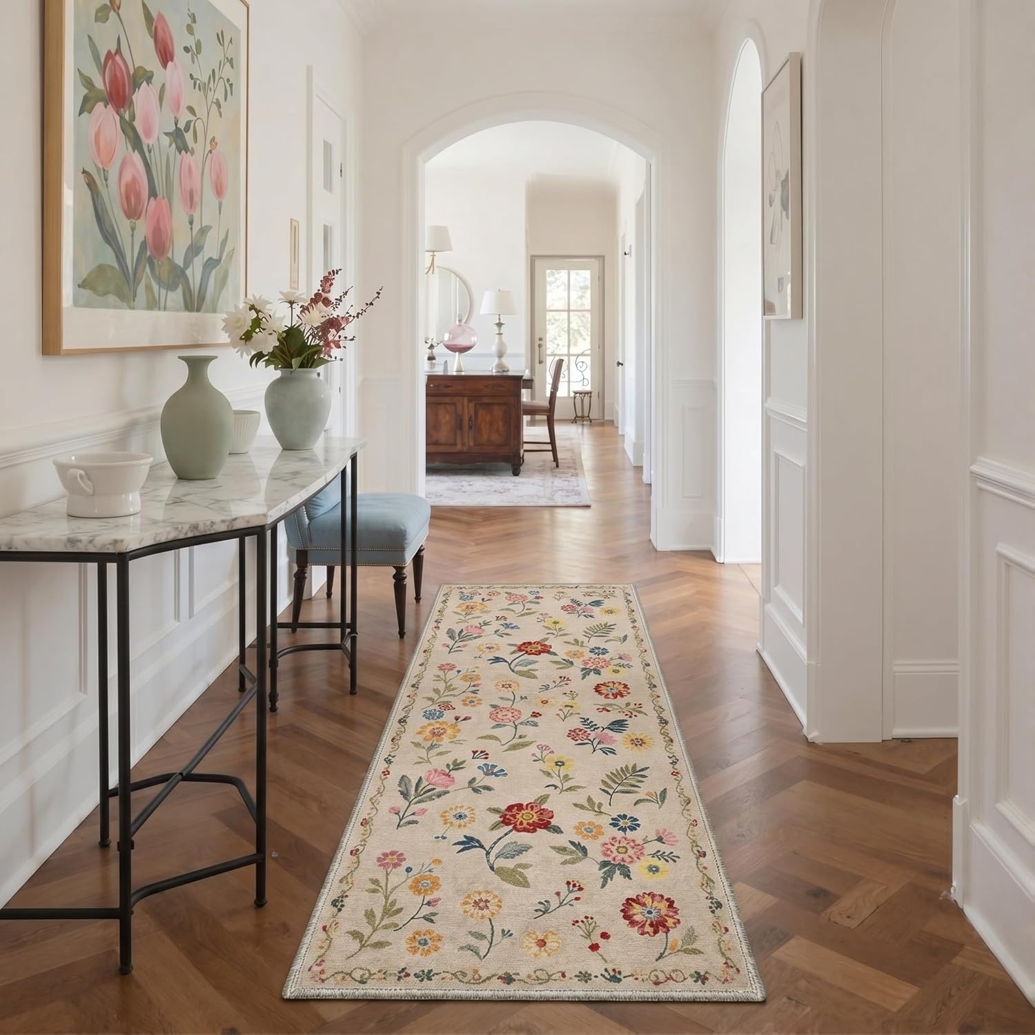 image:imageGENIMO 5X7 Area Rugs for Living Room Machine Washable Modern Botanical Non Slip Low Pile Soft Rugs Vintage Floral Carpet for Bedroom Dining Room Home Office Warm BeigeWarm Beige1