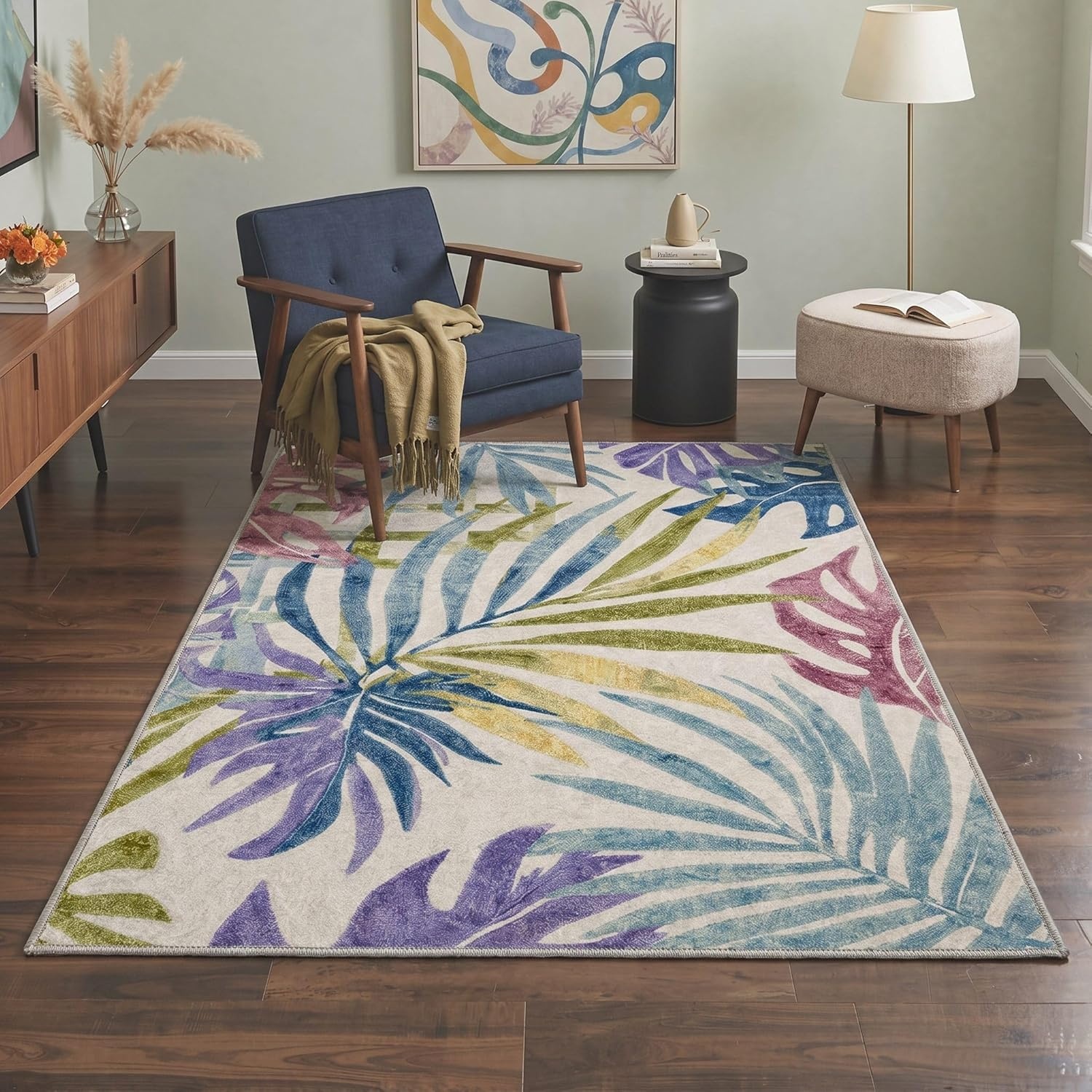 image:imageGENIMO 5X7 Area Rugs for Living Room Machine Washable Modern Botanical Non Slip Low Pile Soft Rugs Vintage Floral Carpet for Bedroom Dining Room Home Office Warm BeigeMuted Pastel