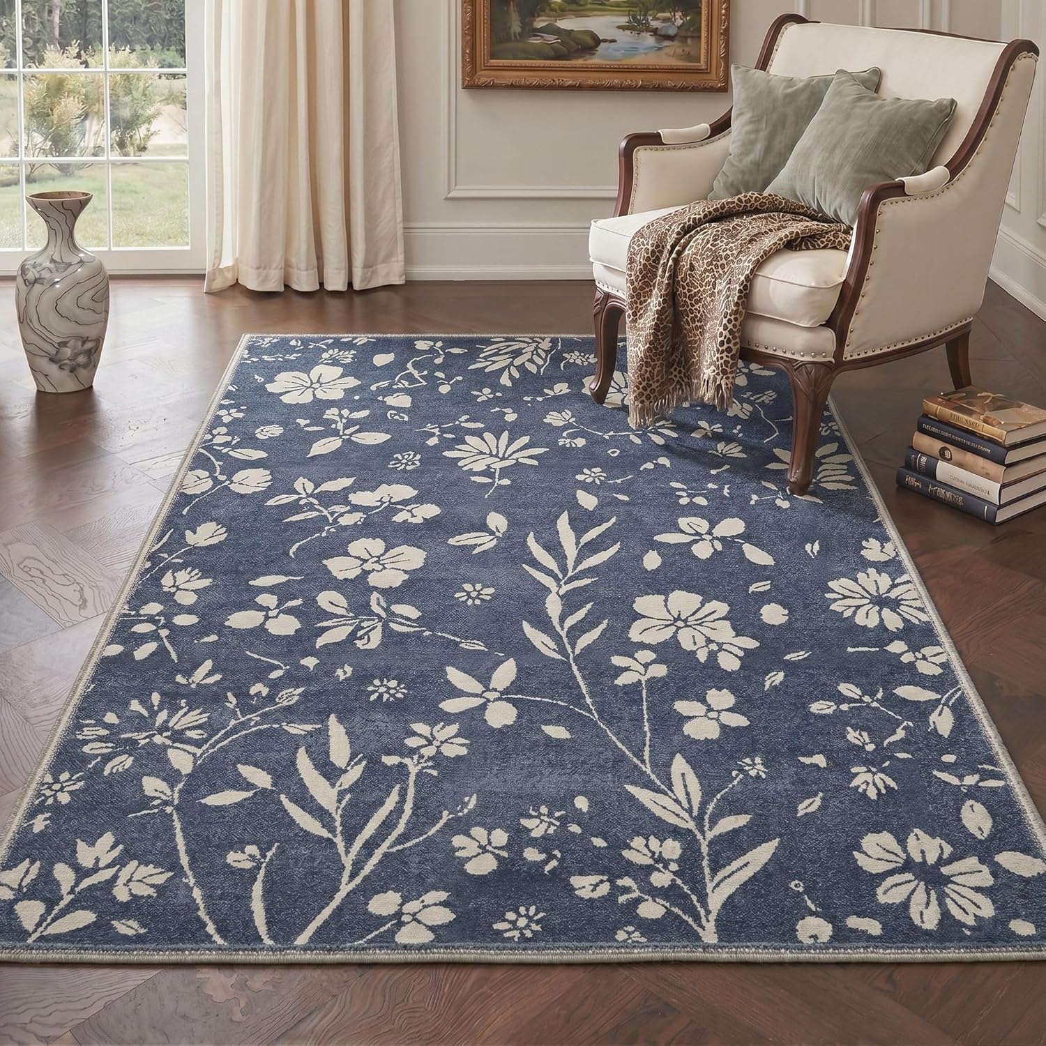 image:imageGENIMO 5X7 Area Rugs for Living Room Machine Washable Modern Botanical Non Slip Low Pile Soft Rugs Vintage Floral Carpet for Bedroom Dining Room Home Office Warm BeigeMuted Navy
