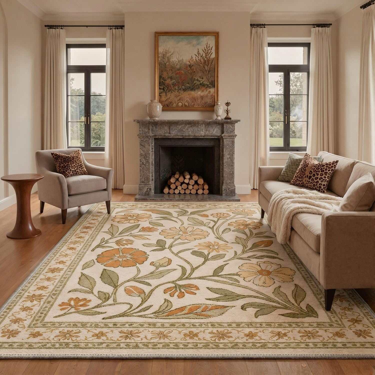 image:imageGENIMO 5X7 Area Rugs for Living Room Machine Washable Modern Botanical Non Slip Low Pile Soft Rugs Vintage Floral Carpet for Bedroom Dining Room Home Office Warm BeigeDusty Ochre