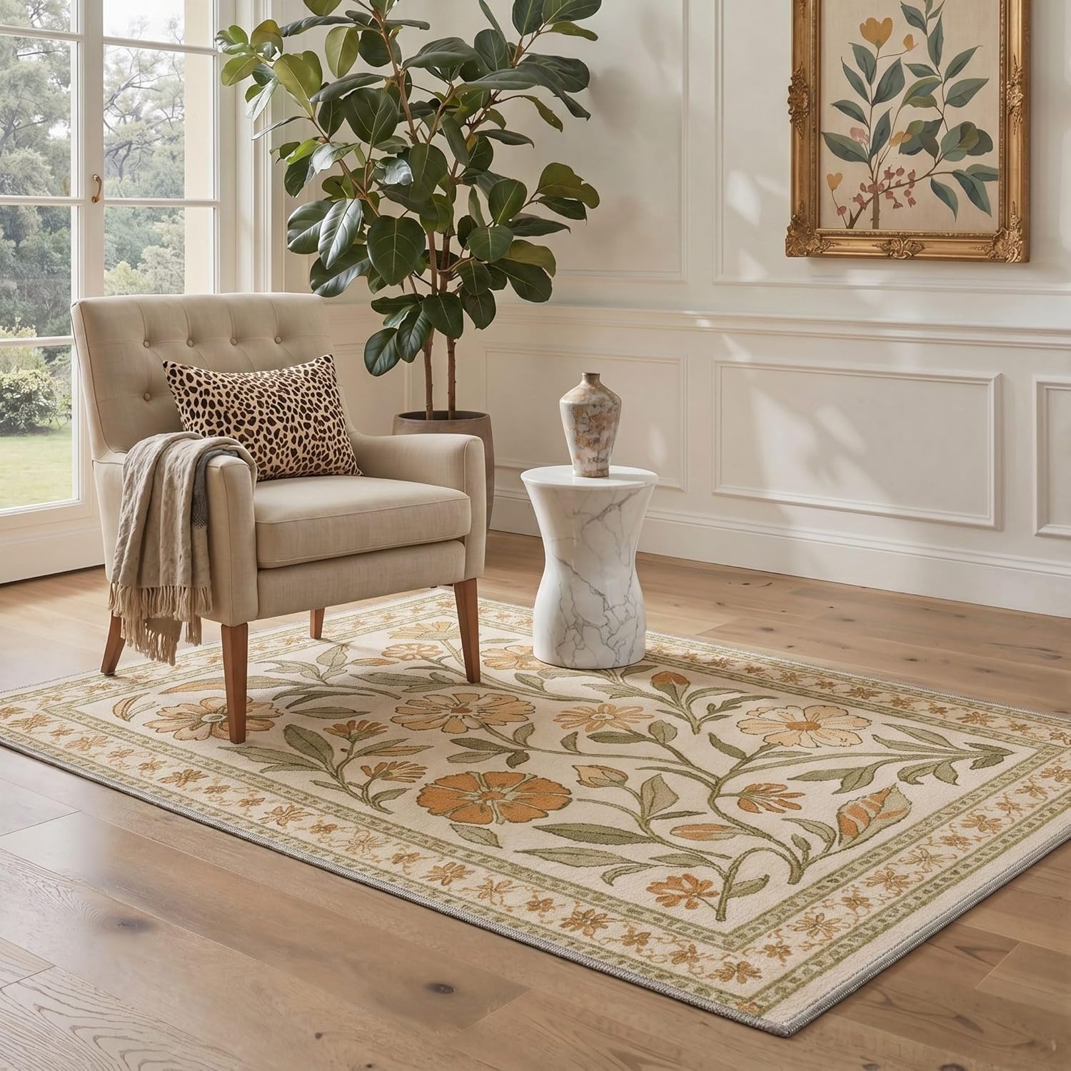 image:imageGENIMO 5X7 Area Rugs for Living Room Machine Washable Modern Botanical Non Slip Low Pile Soft Rugs Vintage Floral Carpet for Bedroom Dining Room Home Office Warm BeigeDusty Ochre