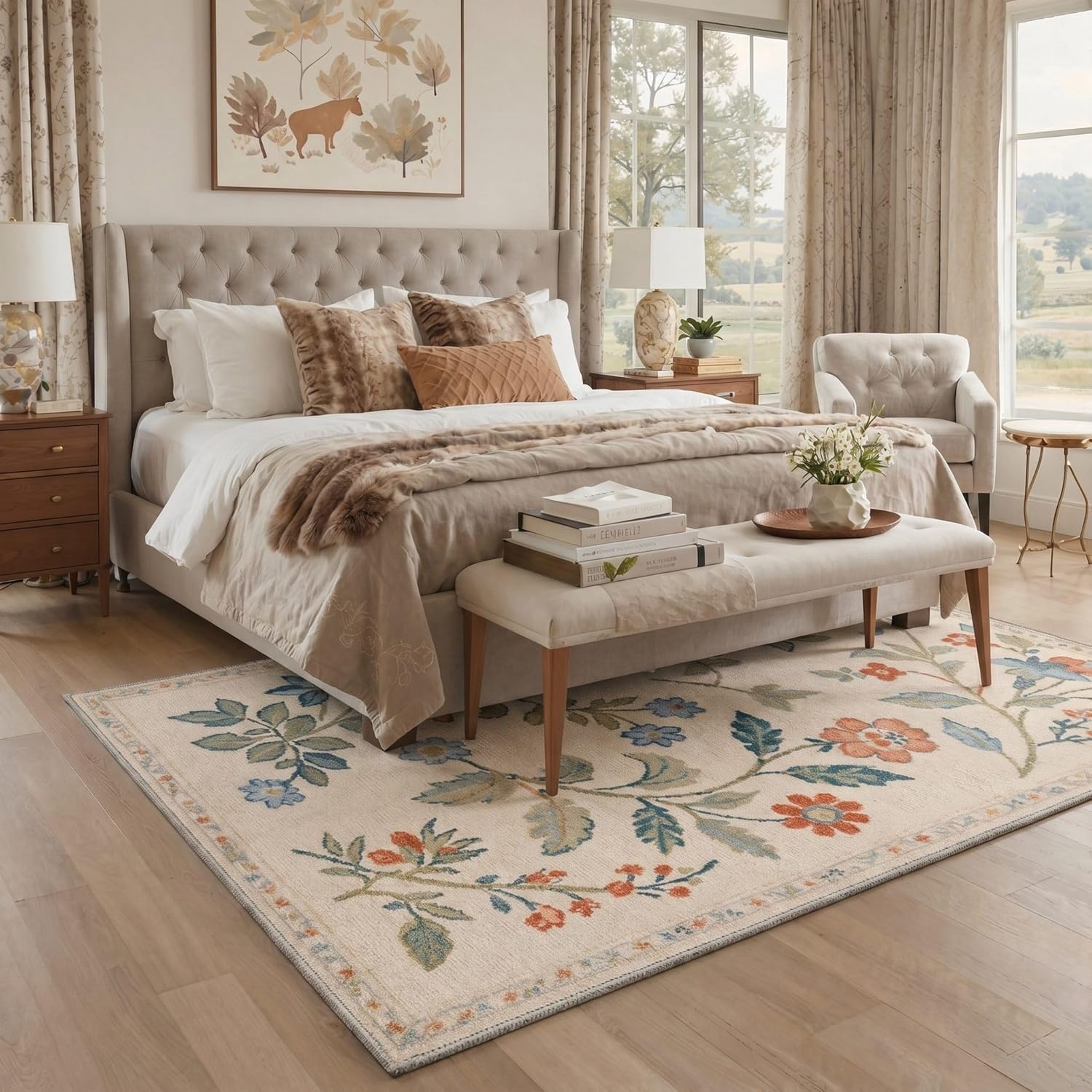 image:imageGENIMO 5X7 Area Rugs for Living Room Machine Washable Modern Botanical Non Slip Low Pile Soft Rugs Vintage Floral Carpet for Bedroom Dining Room Home Office Warm BeigeCreamy Beige