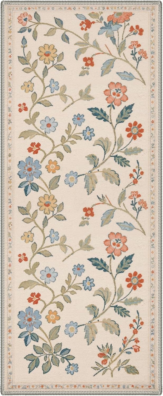 image:imageGENIMO 5X7 Area Rugs for Living Room Machine Washable Modern Botanical Non Slip Low Pile Soft Rugs Vintage Floral Carpet for Bedroom Dining Room Home Office Warm BeigeCreamy Beige