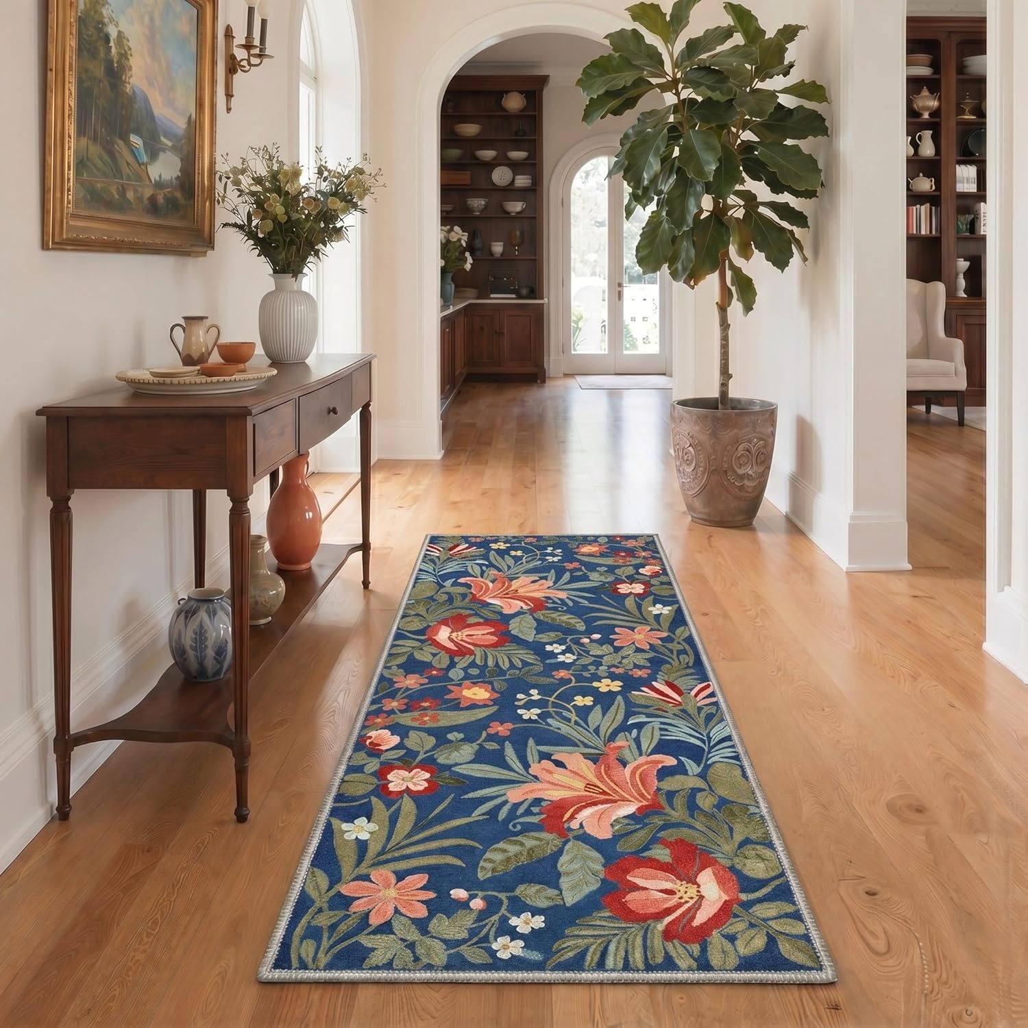 image:imageGENIMO 5X7 Area Rugs for Living Room Machine Washable Modern Botanical Non Slip Low Pile Soft Rugs Vintage Floral Carpet for Bedroom Dining Room Home Office Warm BeigeNavy Blue