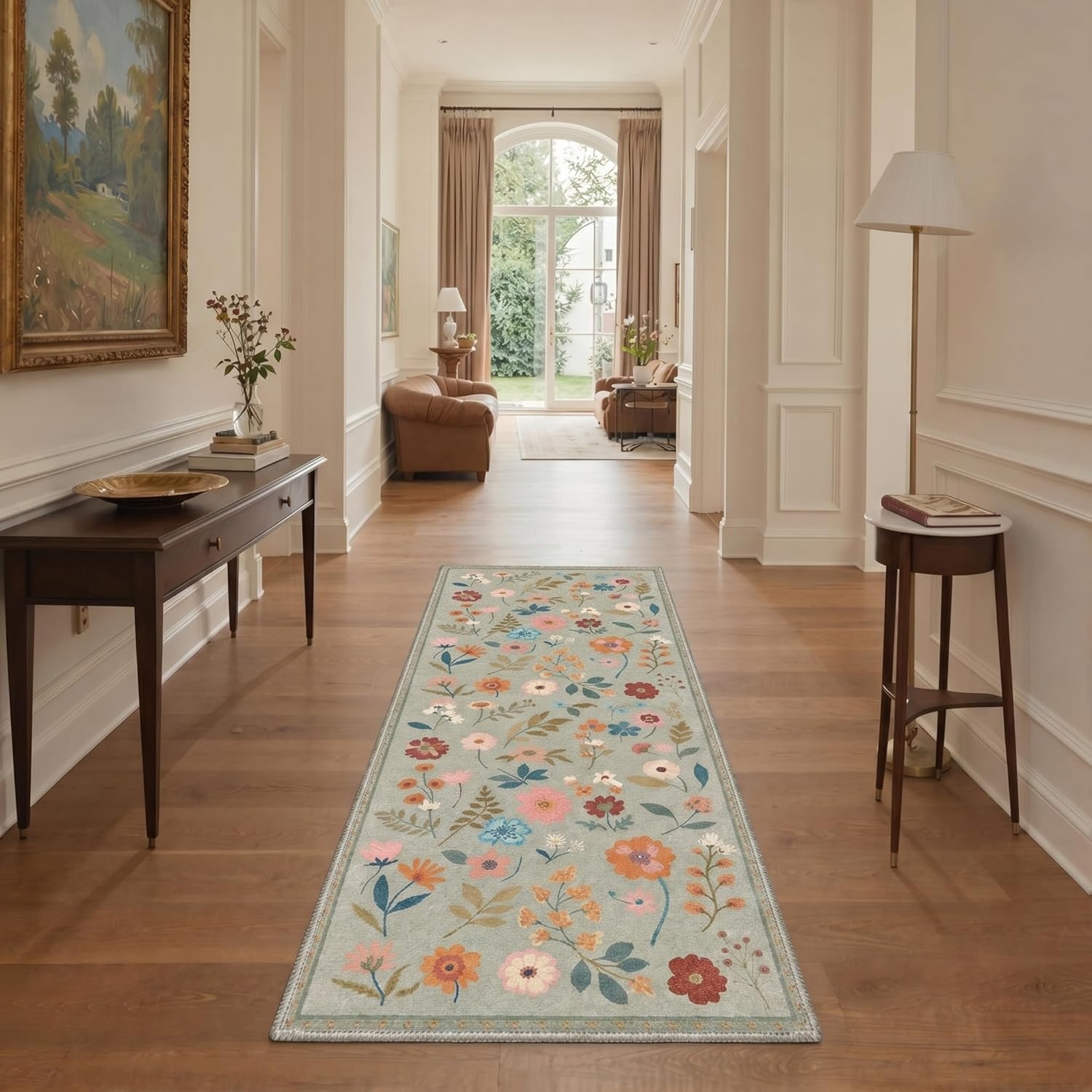 image:imageGENIMO 5X7 Area Rugs for Living Room Machine Washable Modern Botanical Non Slip Low Pile Soft Rugs Vintage Floral Carpet for Bedroom Dining Room Home Office Warm BeigeMuted Sage