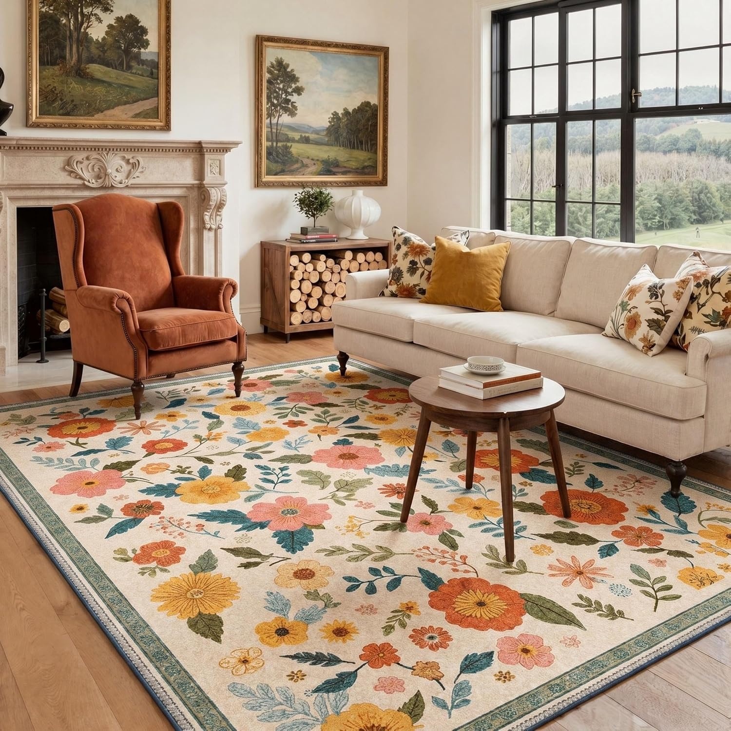 image:imageGENIMO 5X7 Area Rugs for Living Room Machine Washable Modern Botanical Non Slip Low Pile Soft Rugs Vintage Floral Carpet for Bedroom Dining Room Home Office Warm BeigeWarm Beige3
