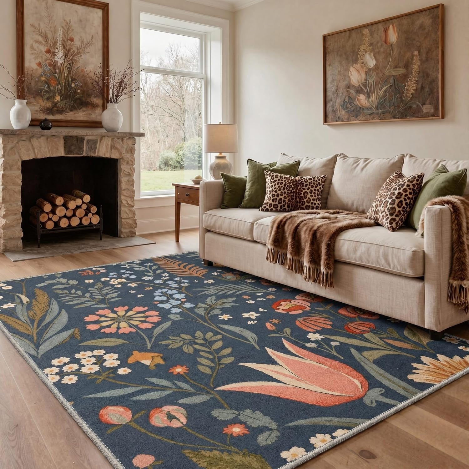image:imageGENIMO 5X7 Area Rugs for Living Room Machine Washable Modern Botanical Non Slip Low Pile Soft Rugs Vintage Floral Carpet for Bedroom Dining Room Home Office Warm BeigeDusty Blue1