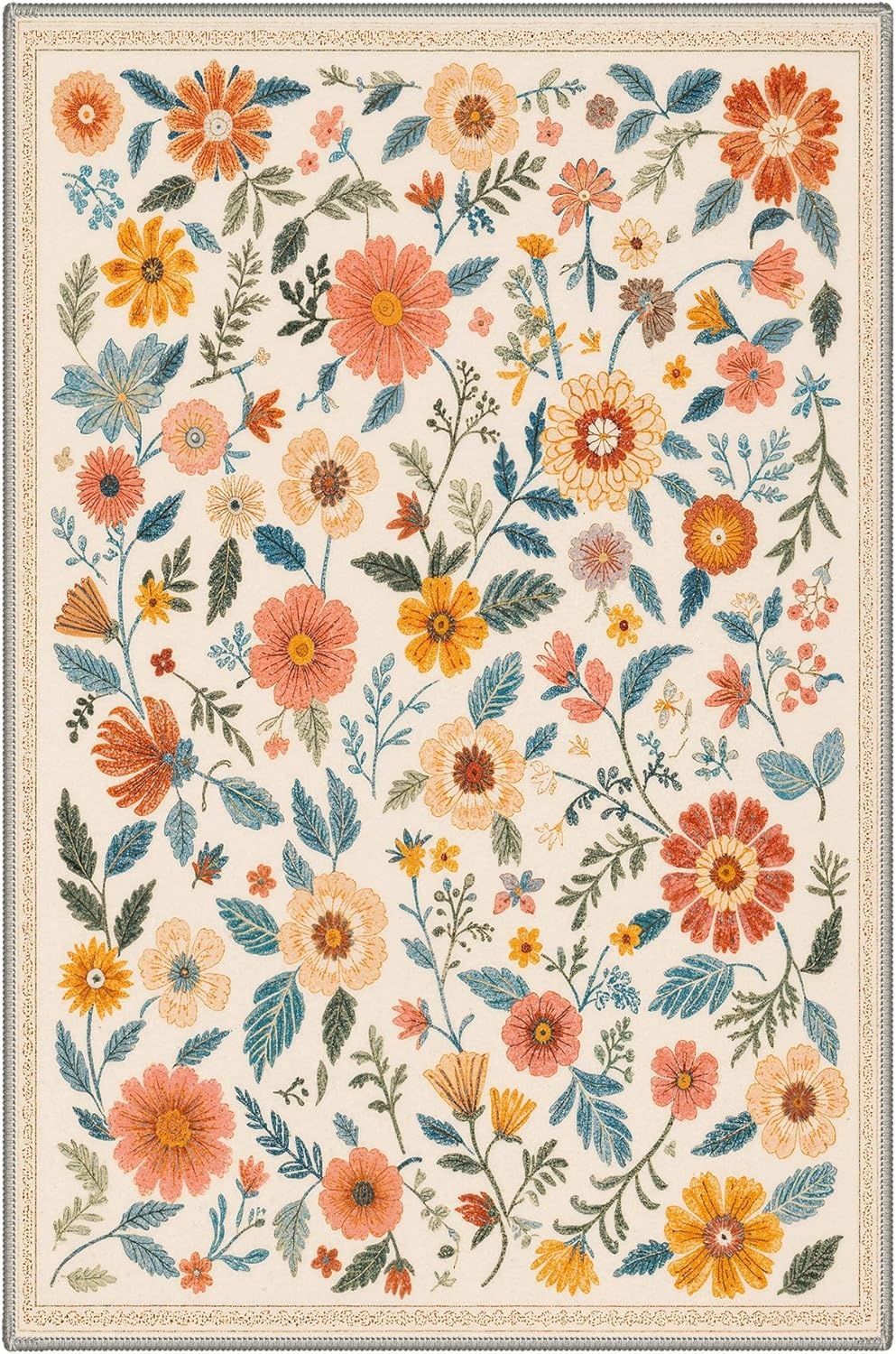 image:imageGENIMO 5X7 Area Rugs for Living Room Machine Washable Modern Botanical Non Slip Low Pile Soft Rugs Vintage Floral Carpet for Bedroom Dining Room Home Office Warm BeigeDusty Terracotta
