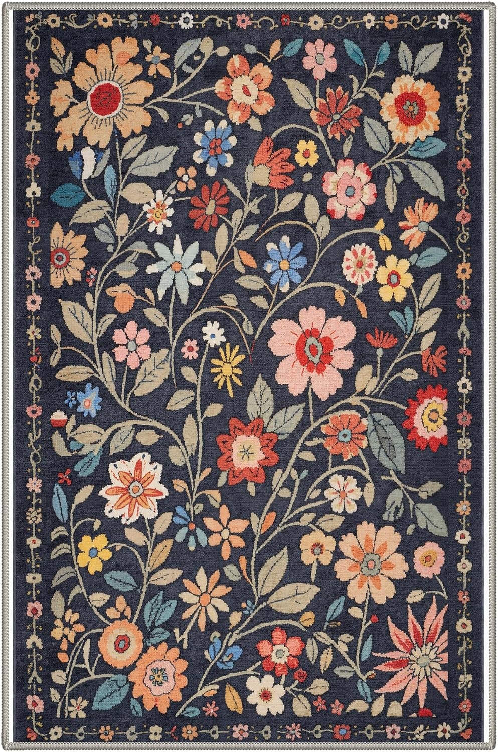 image:imageGENIMO 5X7 Area Rugs for Living Room Machine Washable Modern Botanical Non Slip Low Pile Soft Rugs Vintage Floral Carpet for Bedroom Dining Room Home Office Warm BeigeDusty Navy