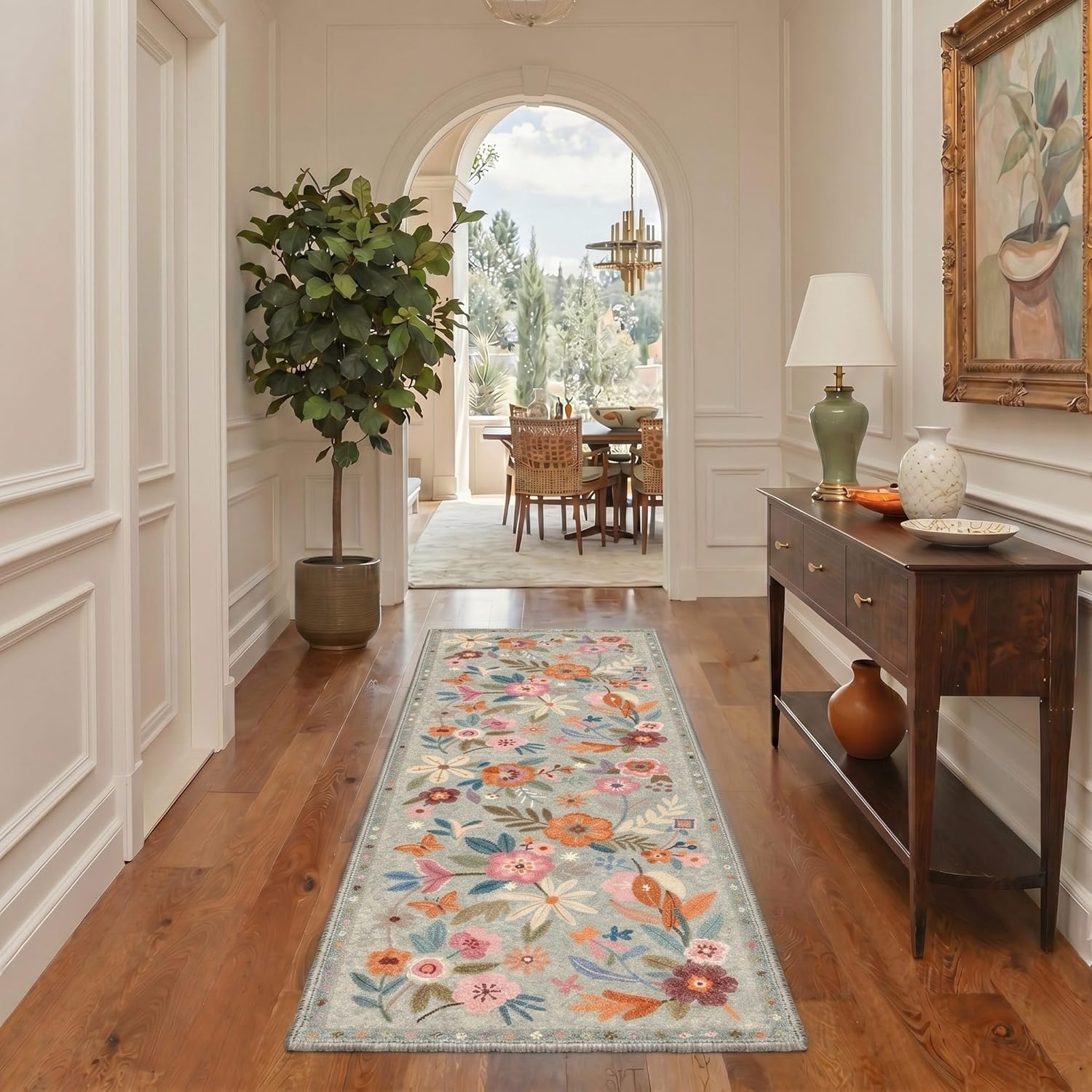 image:imageGENIMO 5X7 Area Rugs for Living Room Machine Washable Modern Botanical Non Slip Low Pile Soft Rugs Vintage Floral Carpet for Bedroom Dining Room Home Office Warm BeigeDusty Blue