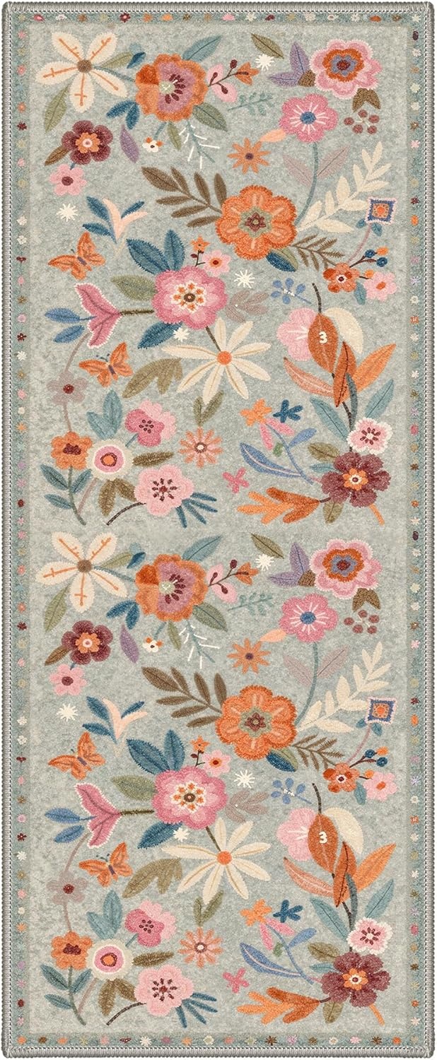 image:imageGENIMO 5X7 Area Rugs for Living Room Machine Washable Modern Botanical Non Slip Low Pile Soft Rugs Vintage Floral Carpet for Bedroom Dining Room Home Office Warm BeigeDusty Blue
