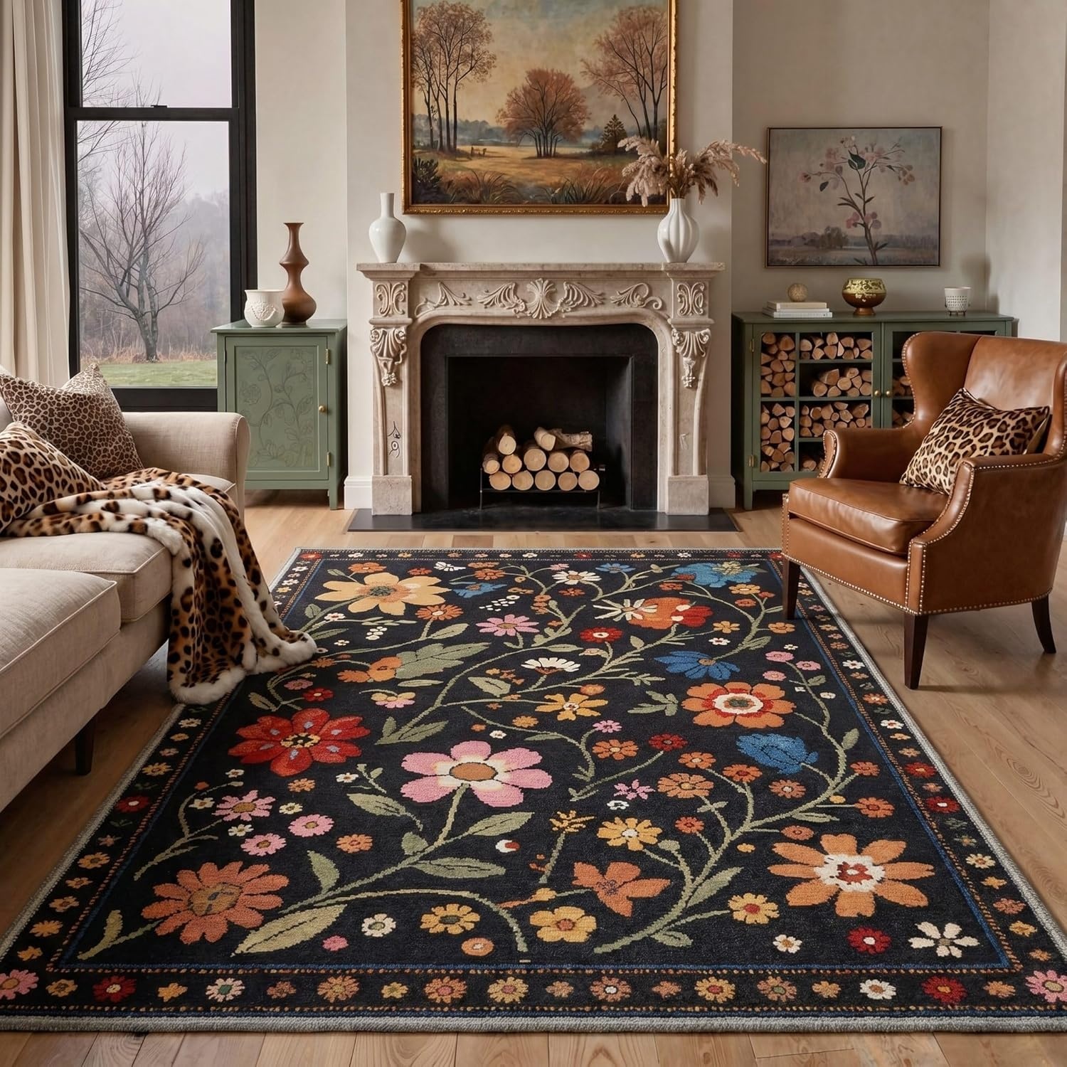 image:imageGENIMO 5X7 Area Rugs for Living Room Machine Washable Modern Botanical Non Slip Low Pile Soft Rugs Vintage Floral Carpet for Bedroom Dining Room Home Office Warm BeigeBlack