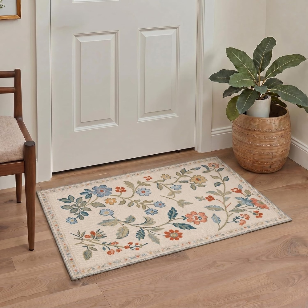 image:imageGENIMO 5X7 Area Rugs for Living Room Machine Washable Modern Botanical Non Slip Low Pile Soft Rugs Vintage Floral Carpet for Bedroom Dining Room Home Office Warm BeigeCreamy Beige