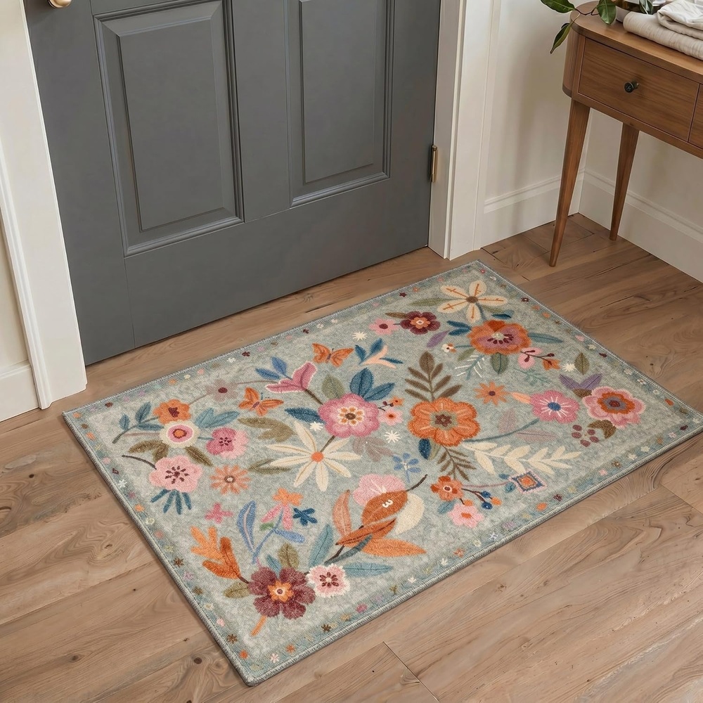 image:imageGENIMO 5X7 Area Rugs for Living Room Machine Washable Modern Botanical Non Slip Low Pile Soft Rugs Vintage Floral Carpet for Bedroom Dining Room Home Office Warm BeigeDusty Blue
