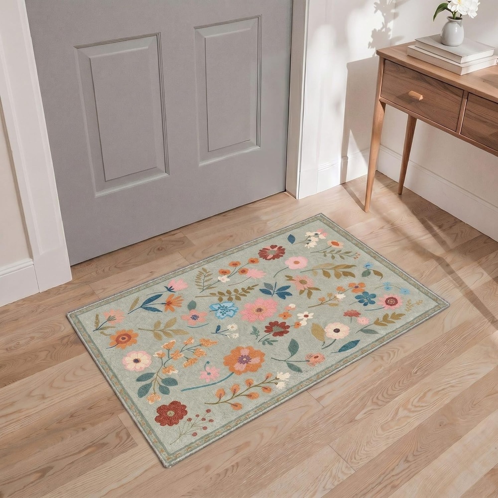 image:imageGENIMO 5X7 Area Rugs for Living Room Machine Washable Modern Botanical Non Slip Low Pile Soft Rugs Vintage Floral Carpet for Bedroom Dining Room Home Office Warm BeigeMuted Sage