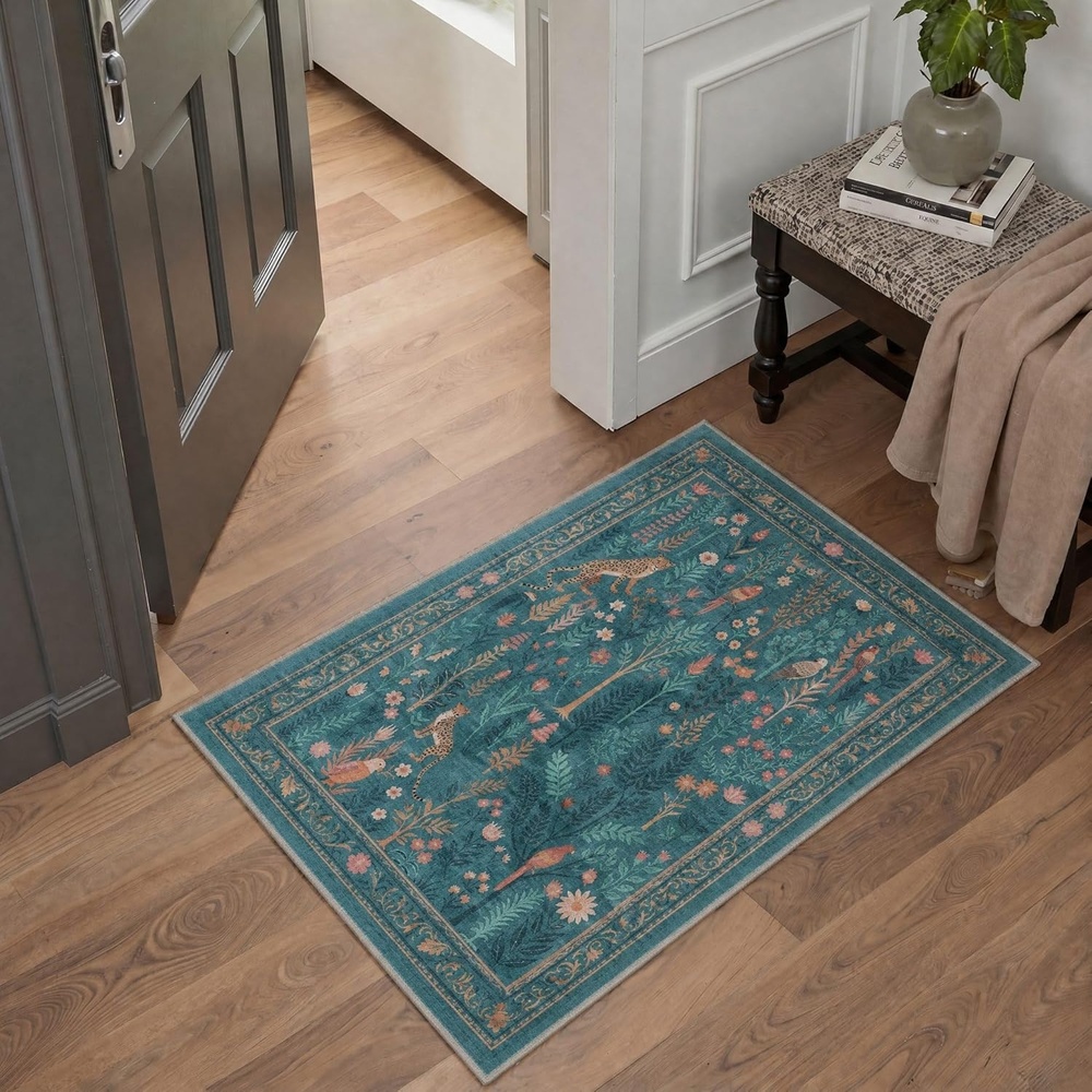 image:imageGENIMO 5X7 Area Rugs for Living Room Machine Washable Modern Botanical Non Slip Low Pile Soft Rugs Vintage Floral Carpet for Bedroom Dining Room Home Office Warm BeigeDusty Teal