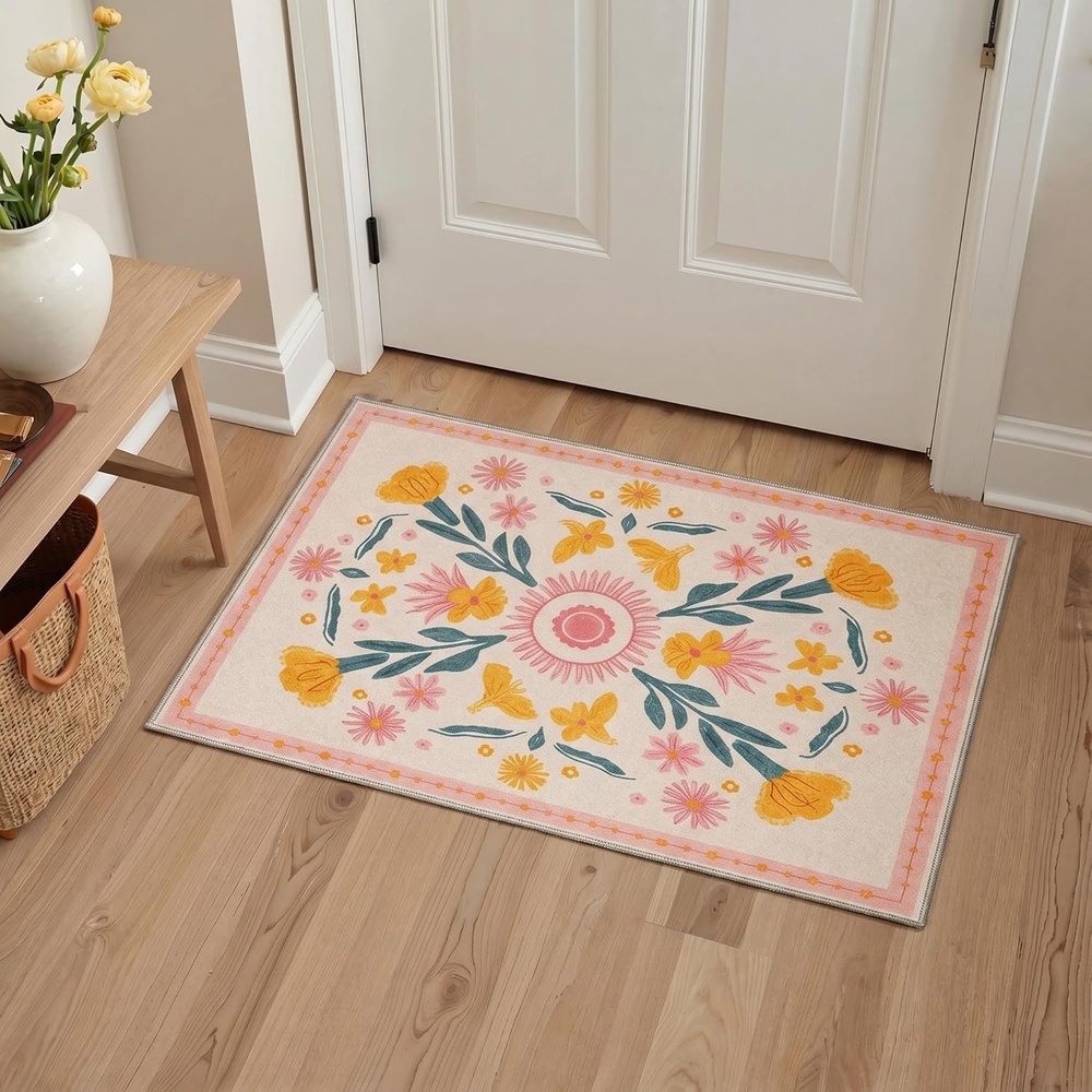 image:imageGENIMO 5X7 Area Rugs for Living Room Machine Washable Modern Botanical Non Slip Low Pile Soft Rugs Vintage Floral Carpet for Bedroom Dining Room Home Office Warm BeigeDusty Blush
