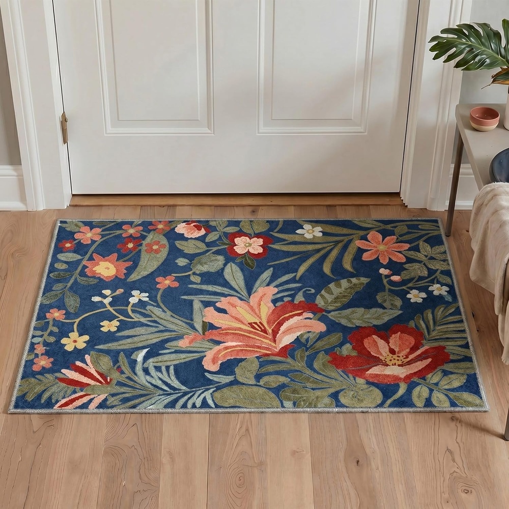 image:imageGENIMO 5X7 Area Rugs for Living Room Machine Washable Modern Botanical Non Slip Low Pile Soft Rugs Vintage Floral Carpet for Bedroom Dining Room Home Office Warm BeigeNavy Blue
