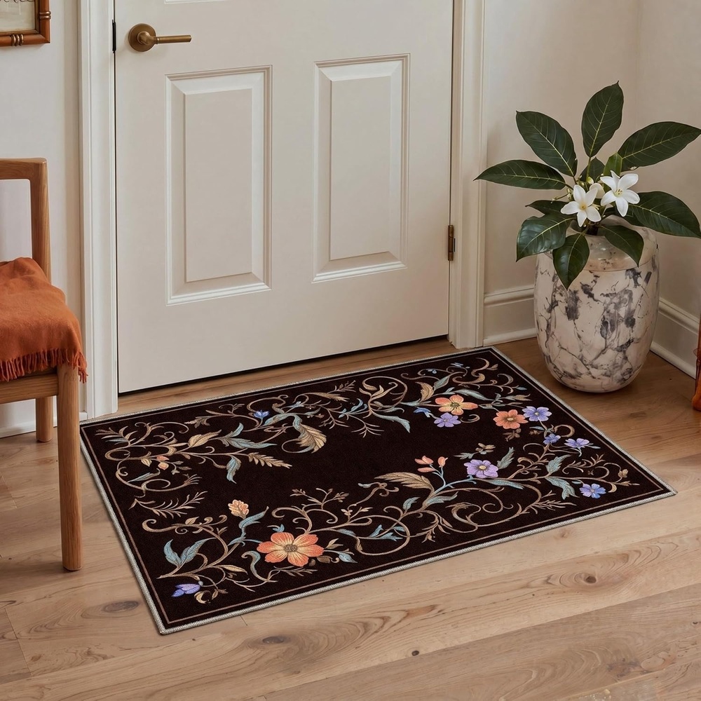 image:imageGENIMO 5X7 Area Rugs for Living Room Machine Washable Modern Botanical Non Slip Low Pile Soft Rugs Vintage Floral Carpet for Bedroom Dining Room Home Office Warm BeigeDeep Brown