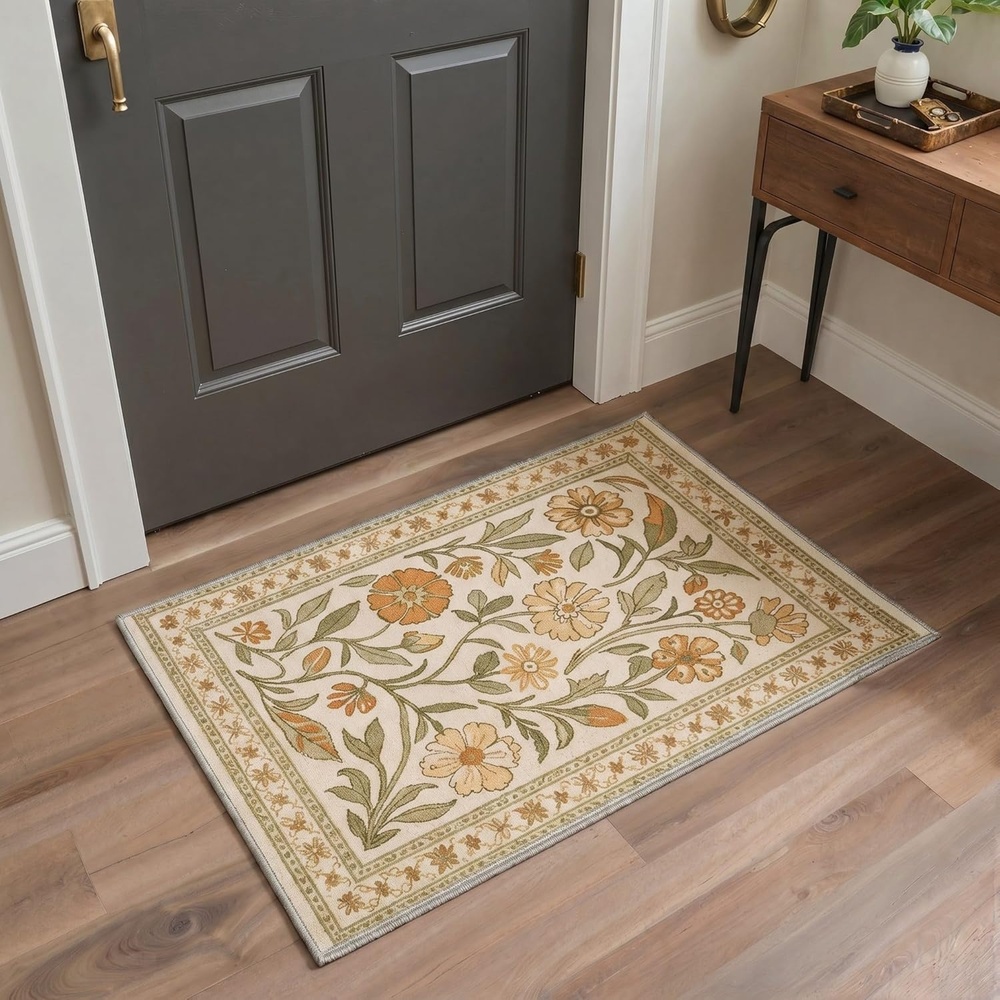 image:imageGENIMO 5X7 Area Rugs for Living Room Machine Washable Modern Botanical Non Slip Low Pile Soft Rugs Vintage Floral Carpet for Bedroom Dining Room Home Office Warm BeigeDusty Ochre