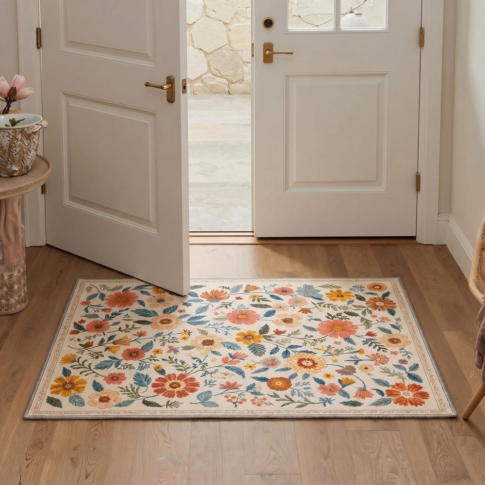 image:imageGENIMO 5X7 Area Rugs for Living Room Machine Washable Modern Botanical Non Slip Low Pile Soft Rugs Vintage Floral Carpet for Bedroom Dining Room Home Office Warm BeigeDusty Terracotta